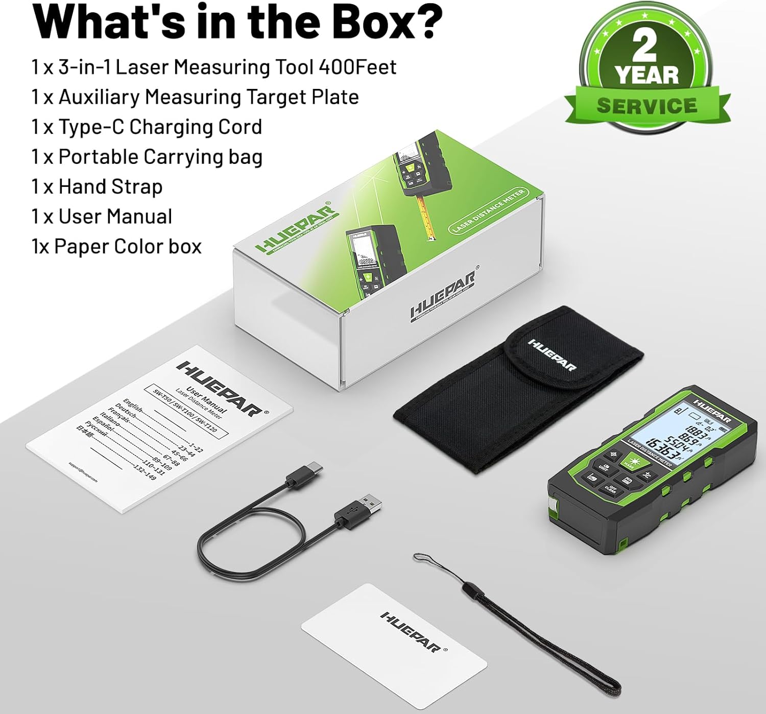 Contents of the Huepar SW-T120 package, including the device, charging cable, carrying bag, hand strap, and user manual.