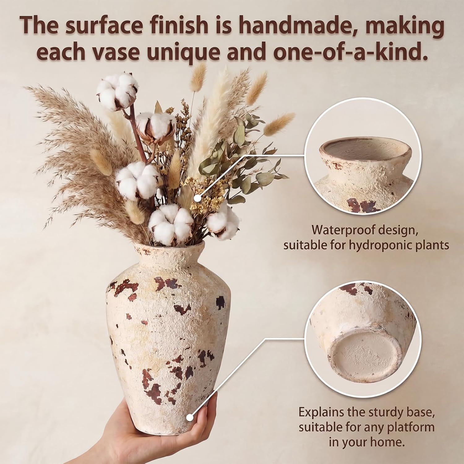Rustic Ceramic Vase Terracotta Farmhouse Vase for Flowers Stone Vases 9.5 Inch Retro Country Table Centerpieces Vintage Home Decor for Living Room Shelf Entryway Kitchen Wedding Party Decor