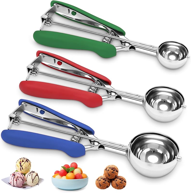 Juego de cucharas para galletas codificadas por colores con tamaños grabados, 3 tamaños para hornear | 3 tamaños diferentes, mangos de goma suave, acero inoxidable 18/8, para masa, magdalenas, muffins, albóndigas, helado