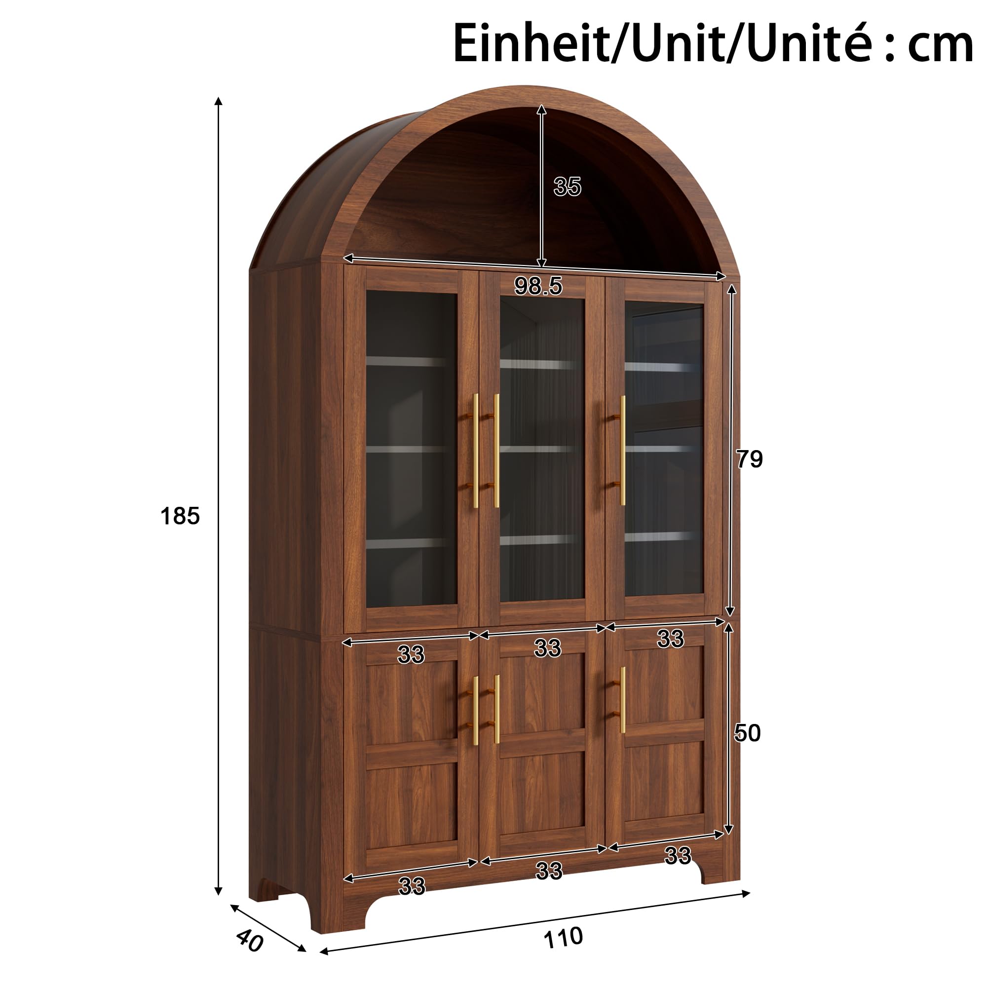 Credenza moderna verticale, PB+MDF, nicchia ad arco superiore, 3 vetrine in vetro, 3 scomparti chiusi, ripiani regolabili, maniglie in alluminio, armadio multifunzione per la casa, noce