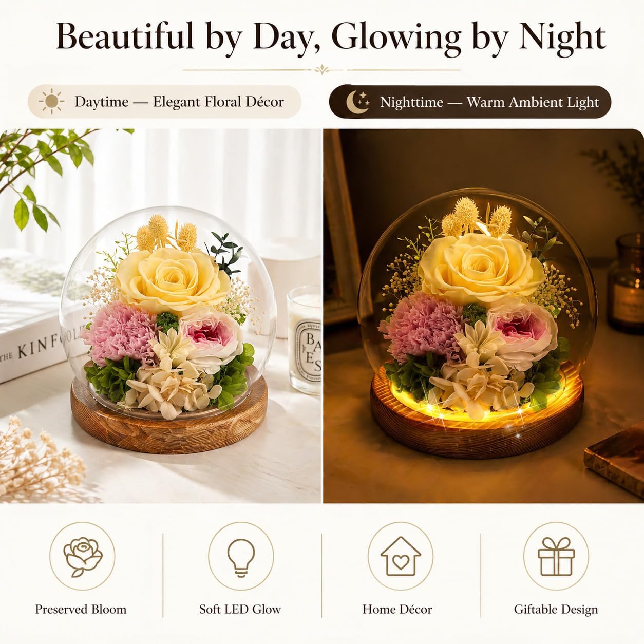 MOKOQI Yellow Rose Birthday Gifts for Women | Mothers Day Gifts for Mom Grandma - Preserved Real Rose in Glass Dome with LED Strip | Fresh Flowers for Delivery on Birthday