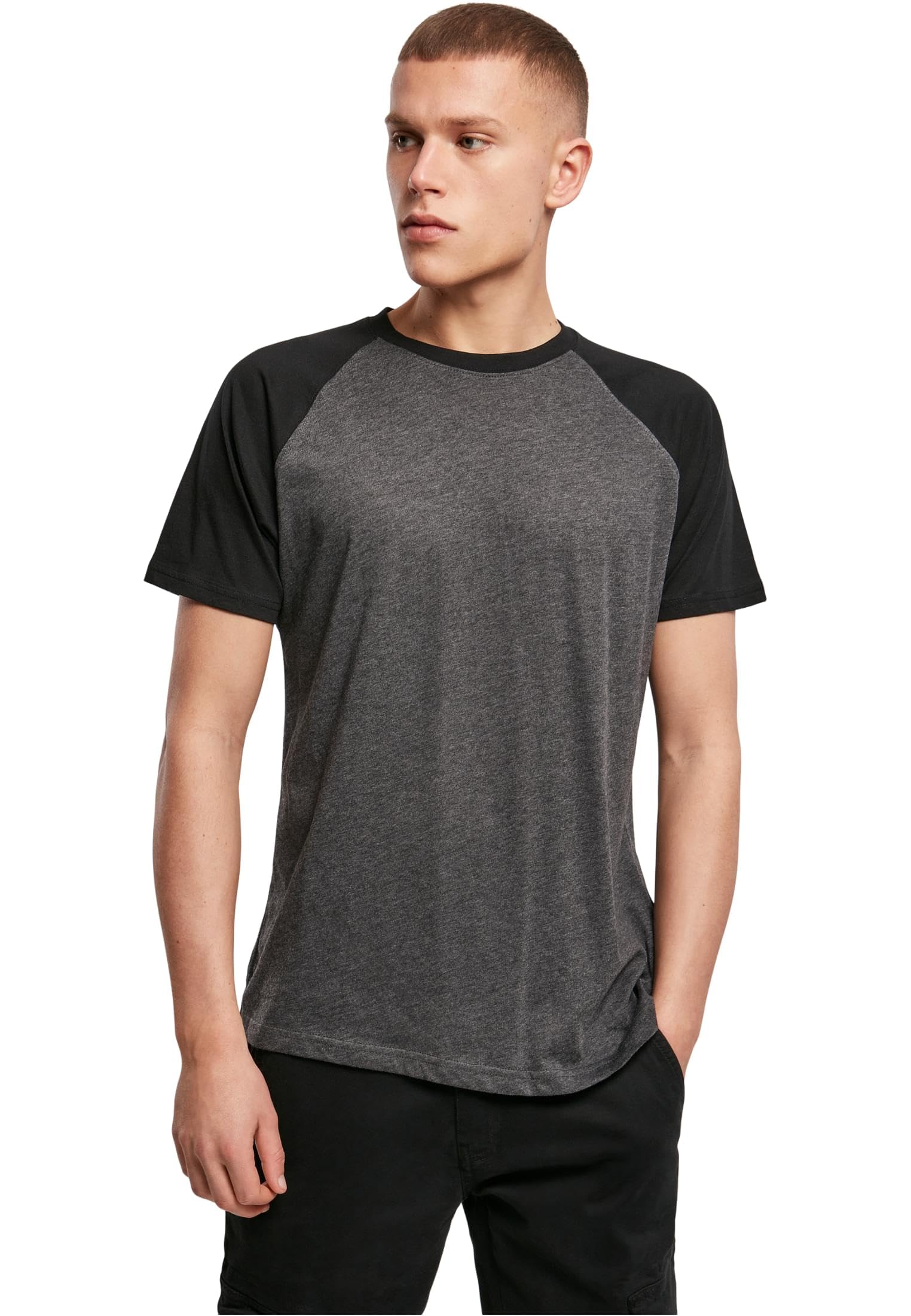 Build Your Brand Men's Raglan Contrast Tee T Shirt, Charcoal (Heather) Black, 5XL UK