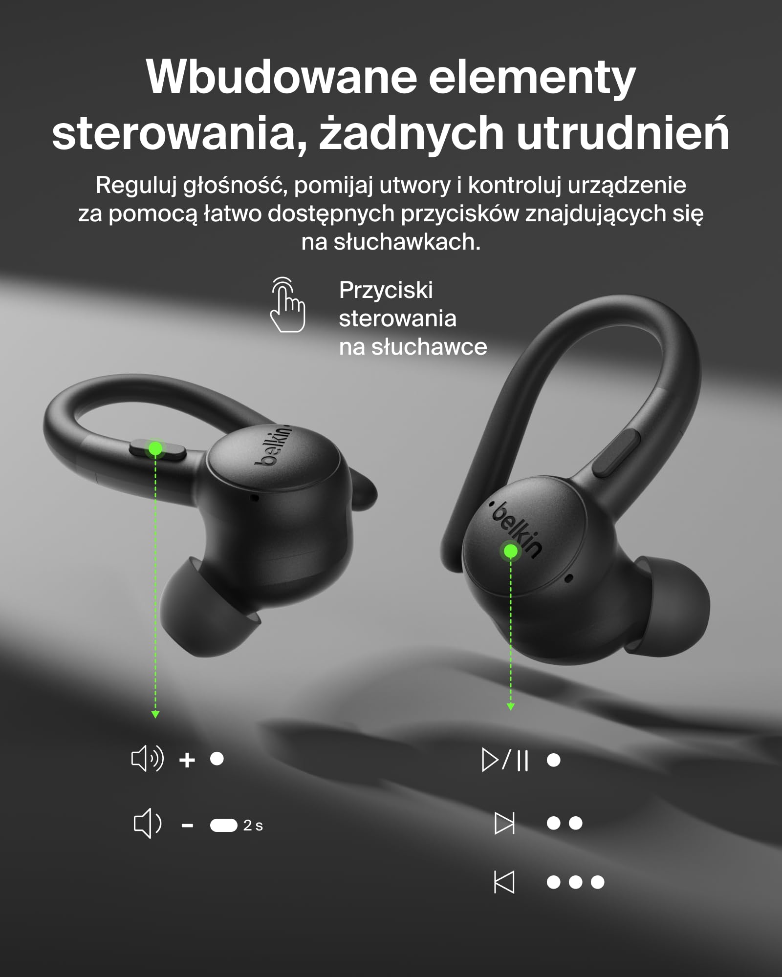 Belkin SoundForm ActiveFit Słuchawki Bezprzewodowe z Mikrofonem, Szybkie Ładowanie USB-C, 36 Godz. Pracy na Baterii, Wodoodporność IP54, Bluetooth – do Urządzeń iPhone, iPad, Galaxy, Pixel – Czarne