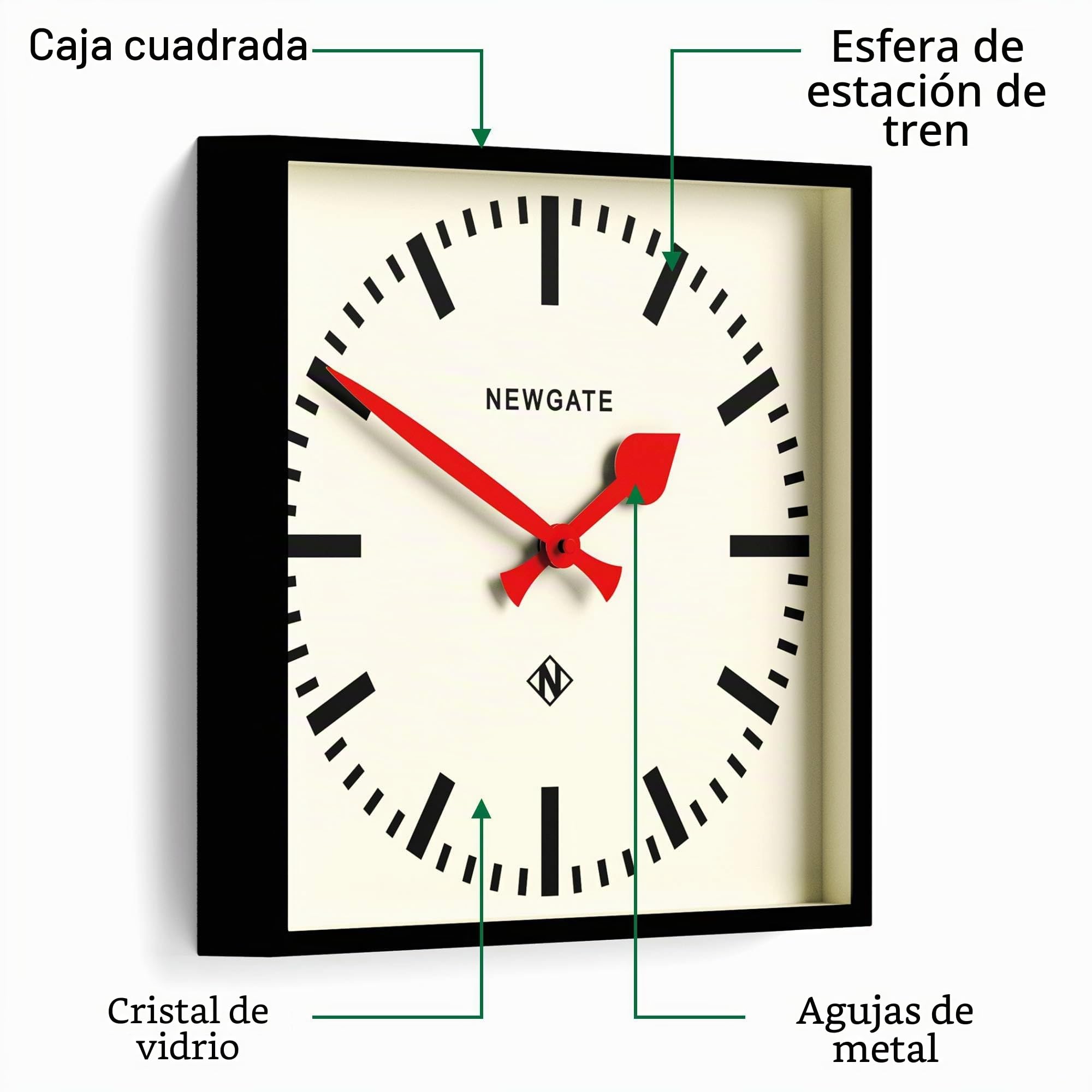 NEWGATE® Number Five Reloj de Pared | Reloj de estación Moderno de inspiración Retro Cuadrada | 40cm | Negro con Manos Rojas | Estilo de Mediados de Siglo para Cocina, salón u Oficina