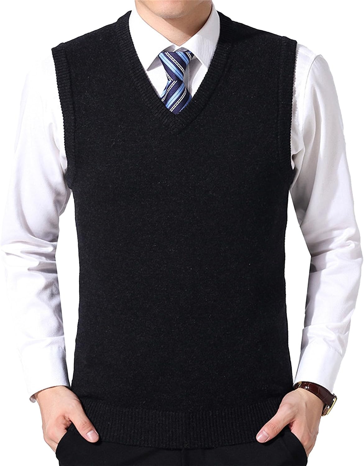 JEShifangjiusu Mens V Neck Sweater Vest Cable Knitted Pullover Sweaters Vest Wool Blended Relaxed Fit Knit Sleeveless Sweater