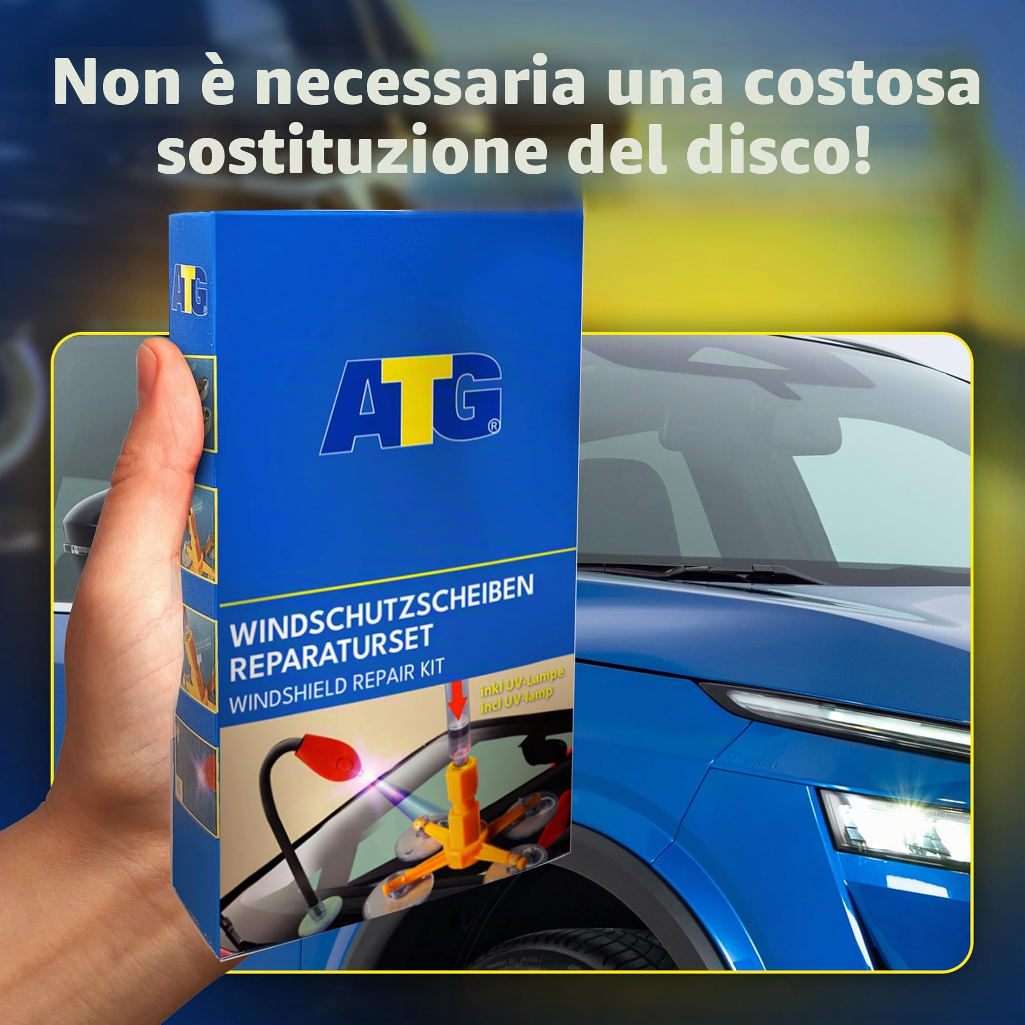 ATG® Kit riparazione parabrezza auto con lampada UV – Kit riparazione vetro auto per crepe e scheggiature | Resina riparazione parabrezza | Polimerizzazione rapida senza sole