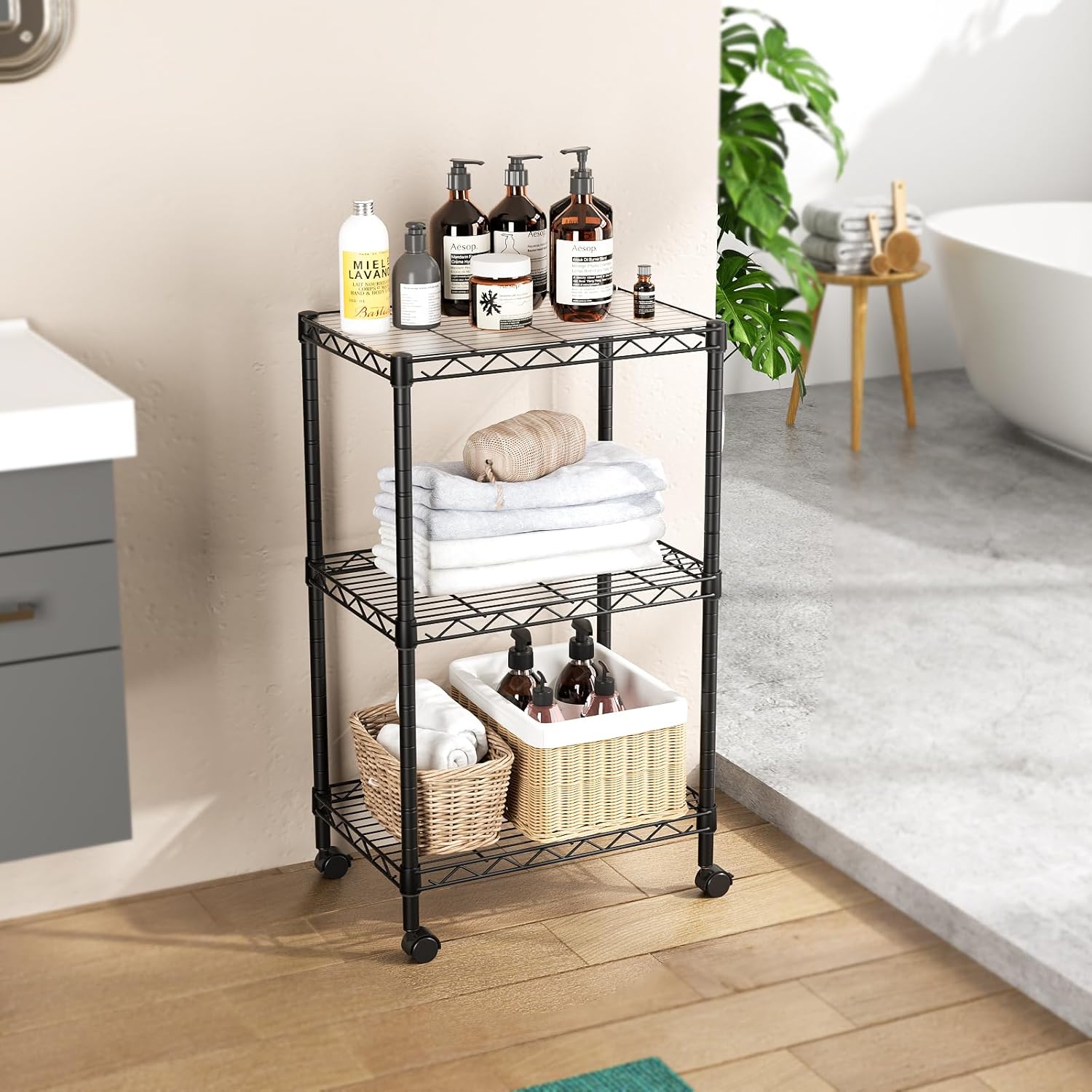 SINGAYE 3 Small Shelves Storage Shelf Wire Shelving Unit Metal Shelf Adjustable Organizers Storage Shelving with Wheels for Bathroom Laundry Room Kitchen Pantry11.5”D x 17.5”W x 30.5”H Black - Image 7