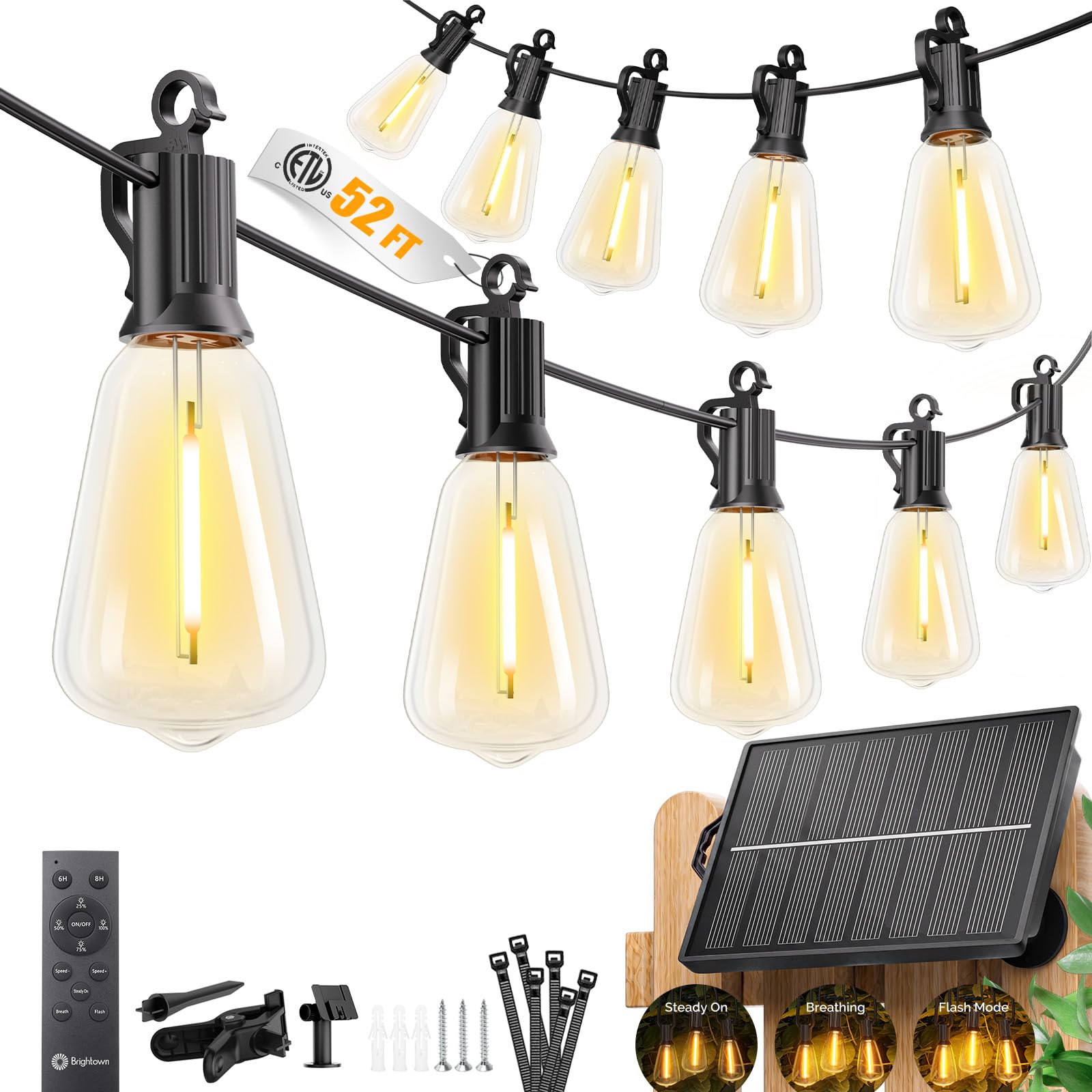 Photo 1 of Brightown 52FT Solar String Lights Outdoor Waterproof, 26Hrs Runtime