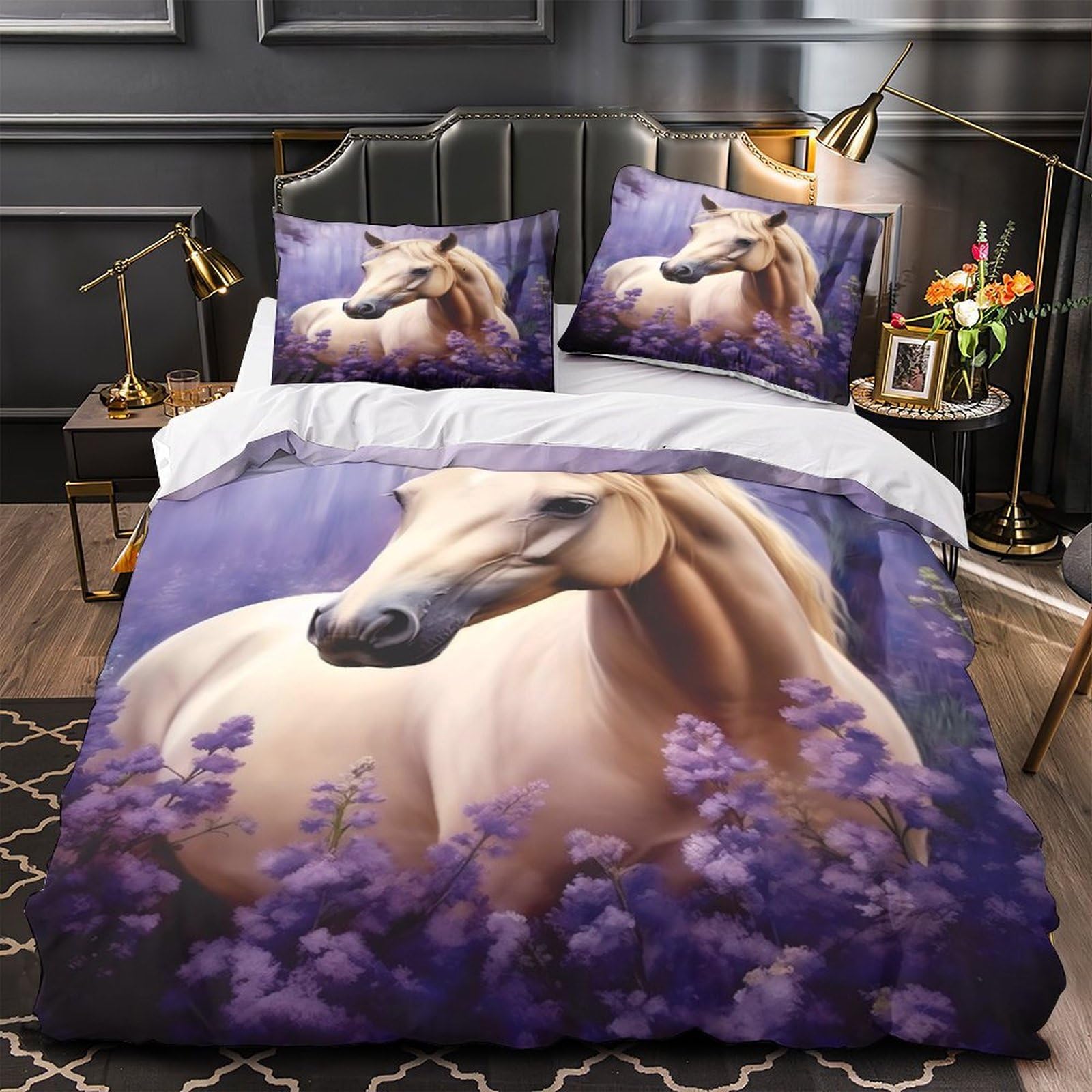 Housse de couette cheval blanc 3D pour chambre d'enfant fantaisie
