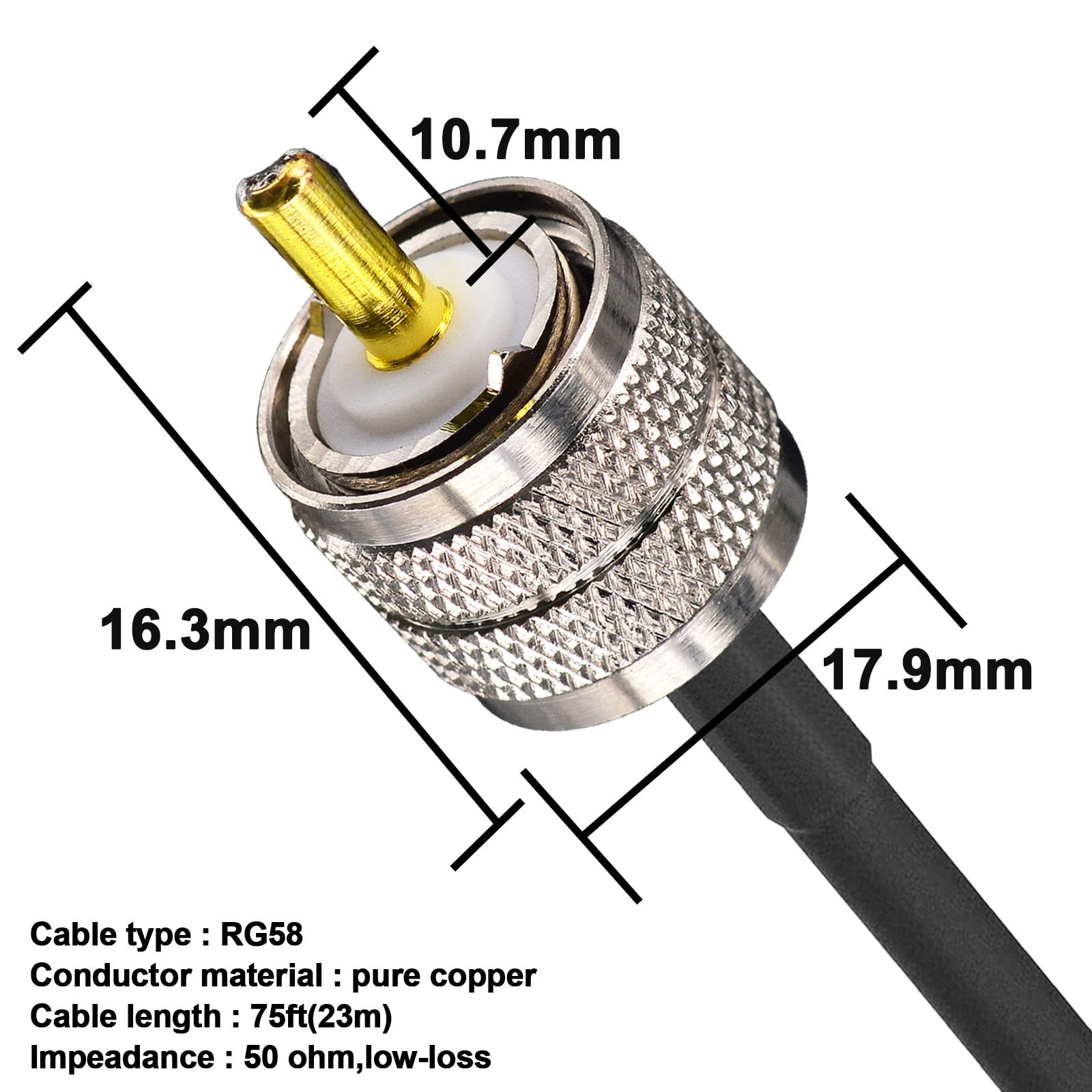 Ham Radio Câble coaxial RG58 50 Ohm, 23 m, PL259 mâle vers SO239 femelle, avec 4 adaptateurs (SMA/UHF/BNC/SO239), pour CB, Amateur, Ham Radio Antenne