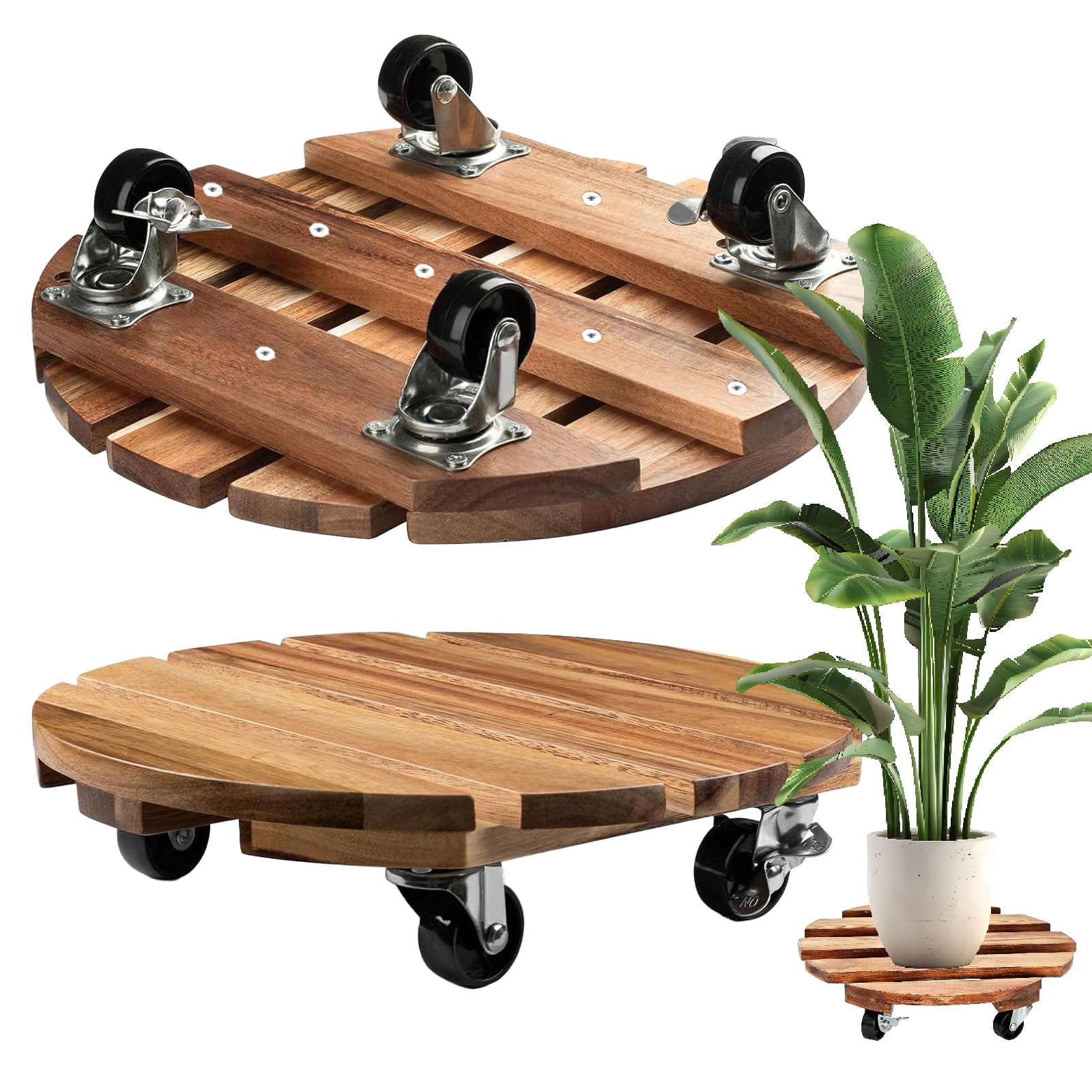 RIPETIC 2 Pack Plant Caddy with Wheels, 12 Inch Heavy Duty Wooden Plant Trolley with Metal Lockable Caster Wheels, Mobile Plant Holder for Outdoor