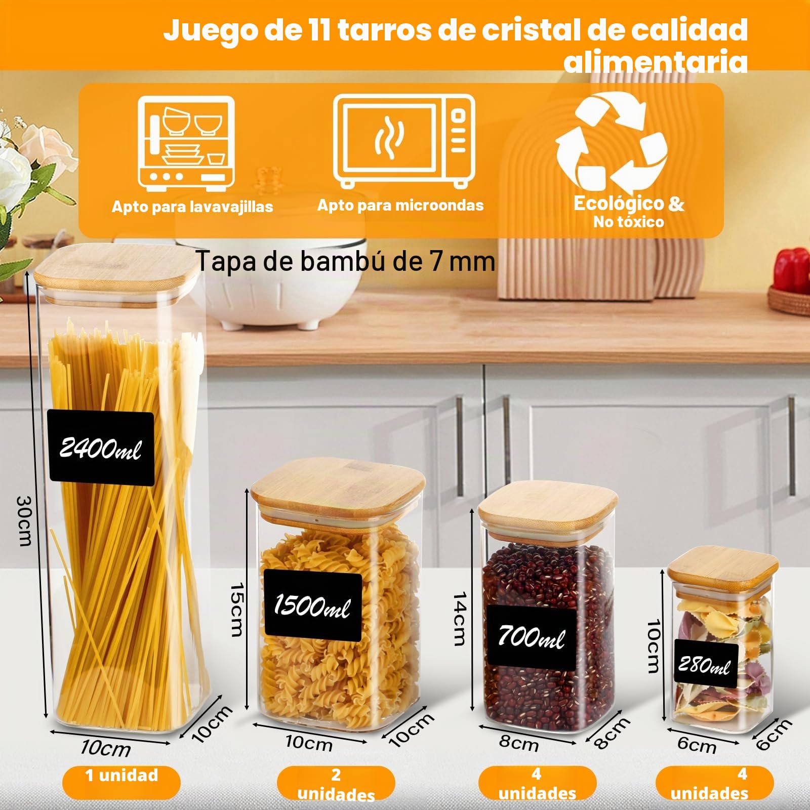Withosent 11pcs Grandes Tarros de Cristal con Tapa Madera, 2400ml/ 1150ml/ 700ml/ 280ml Apilable Botes Cristal Tarros Especias, Frascos de Vidrio Cocina Almacenaje para Pasta, Cereales, Harina