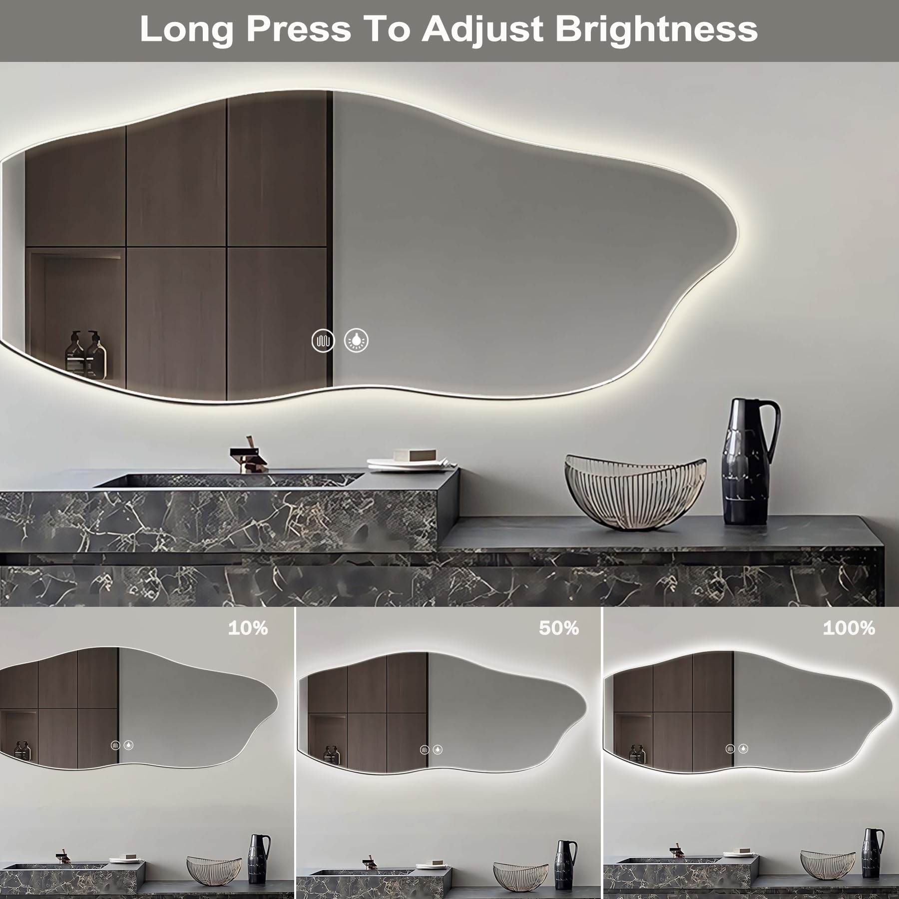 Miroir Anti-buée 60x60 Miroir Salle De Bain LED GXSDYYDS 60x60cm - Anti-Buée 3 Couleurs Tactile Miroir Rond éclairage Intégré