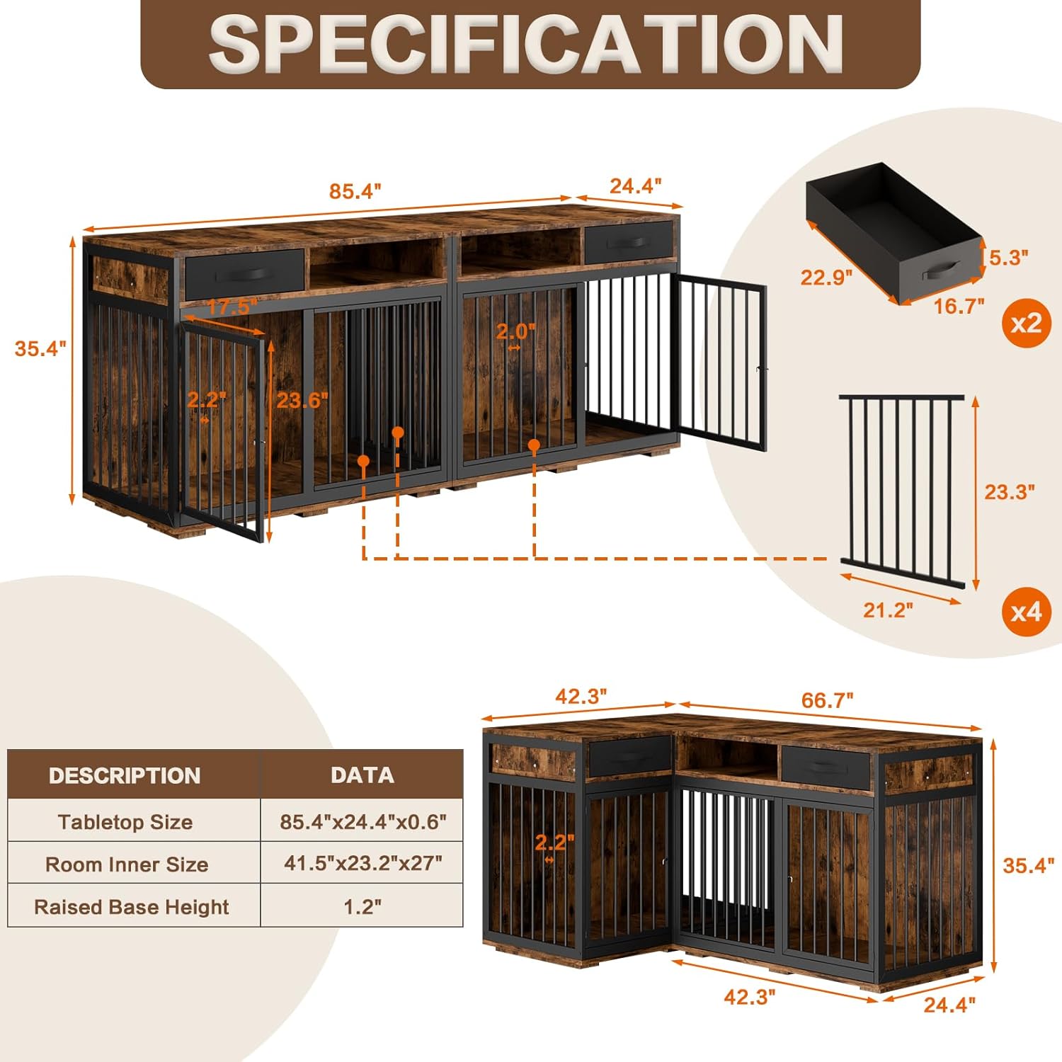 Corner Dog Crate Furniture,67" Metal Frame L Shaped Double Dog Crate Kennel with Divider and 2 Fabric Drawers TV Stand Large Breed Indoor for 2 Dogs Rustic Brown