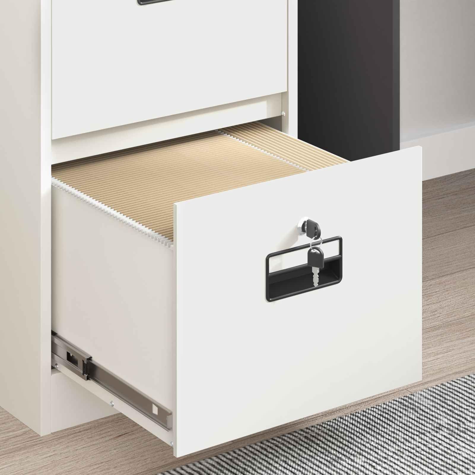Aktenschrank Weiß aus robustem kaltgewalztem Stahl 44 x 50 x 74,5 cm mit 2 ausziehbaren Regalen und Nockenschlössern für Büroorganisation