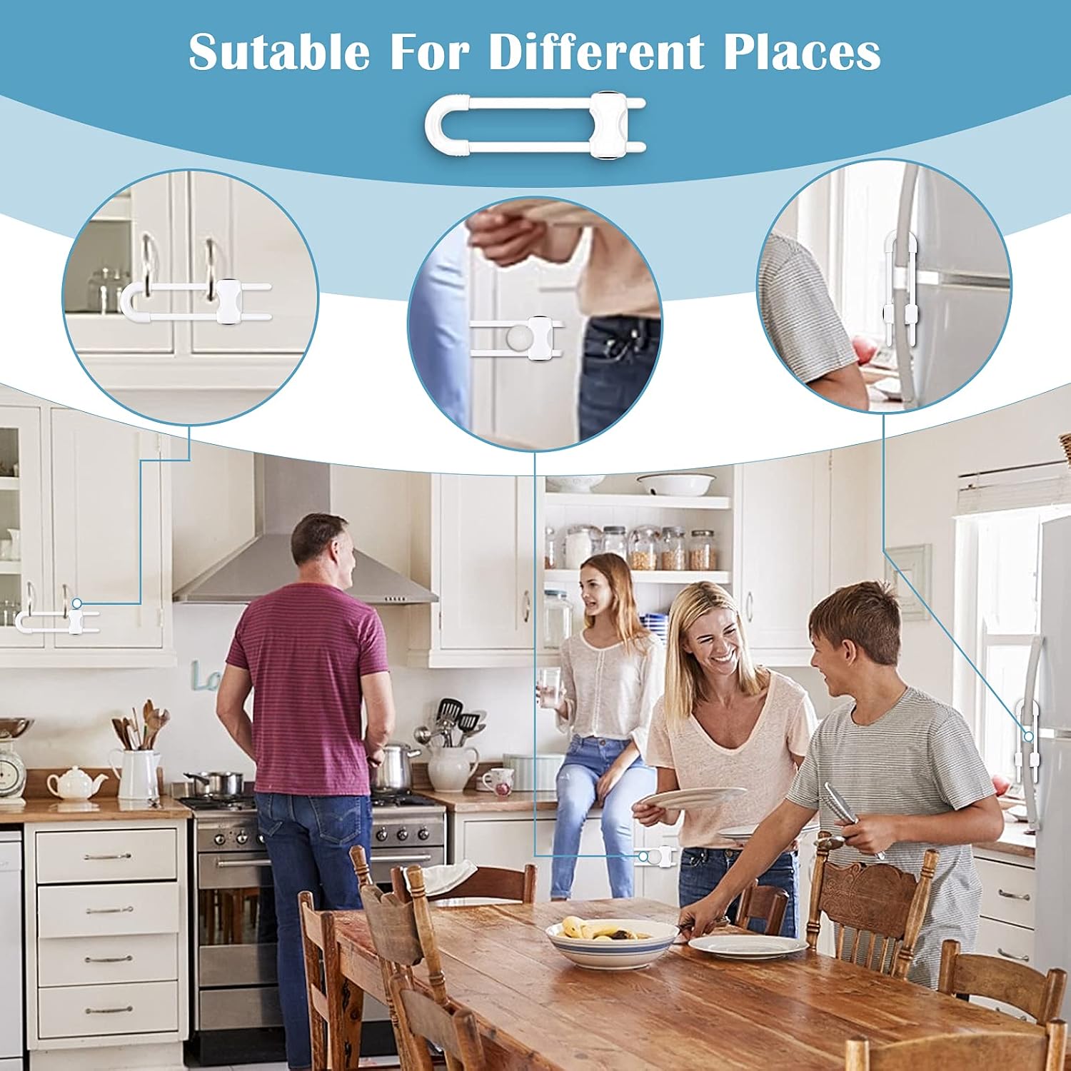 12 Packs Baby Proofing Sliding Cabinet Locks modacraft U-Shaped Child Safety Latches Adjustable White Locks for Handles Knobs Drawers Closet Cupboard