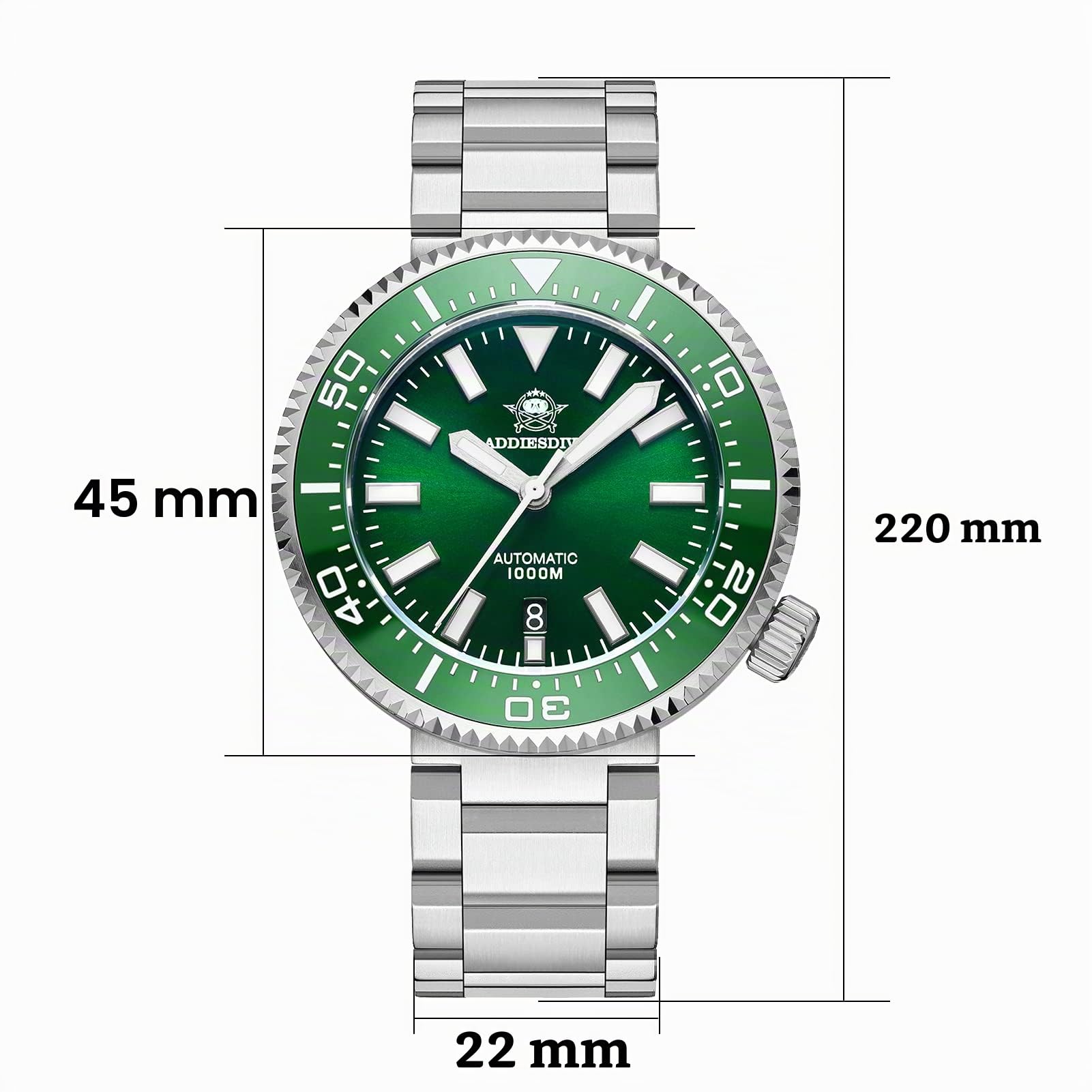 ADDIESDIVE Diver 1000M Orologio Verde Automatico NH35A Uomo Acciaio Luminescente Zaffiro Sintetico