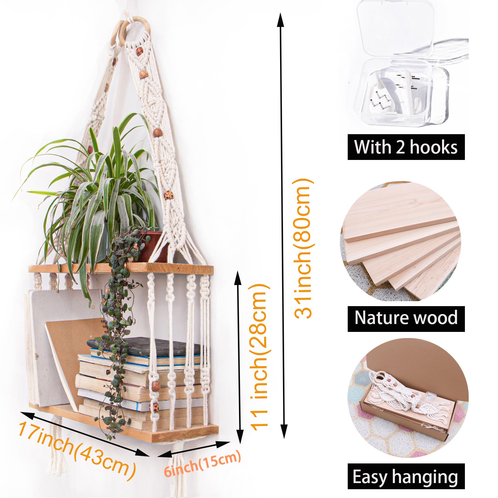 Boho Wall Hanging Shelves Macrame Floating Plant Photos Wood Shelf for Bedroom Living Room Apartment Decor