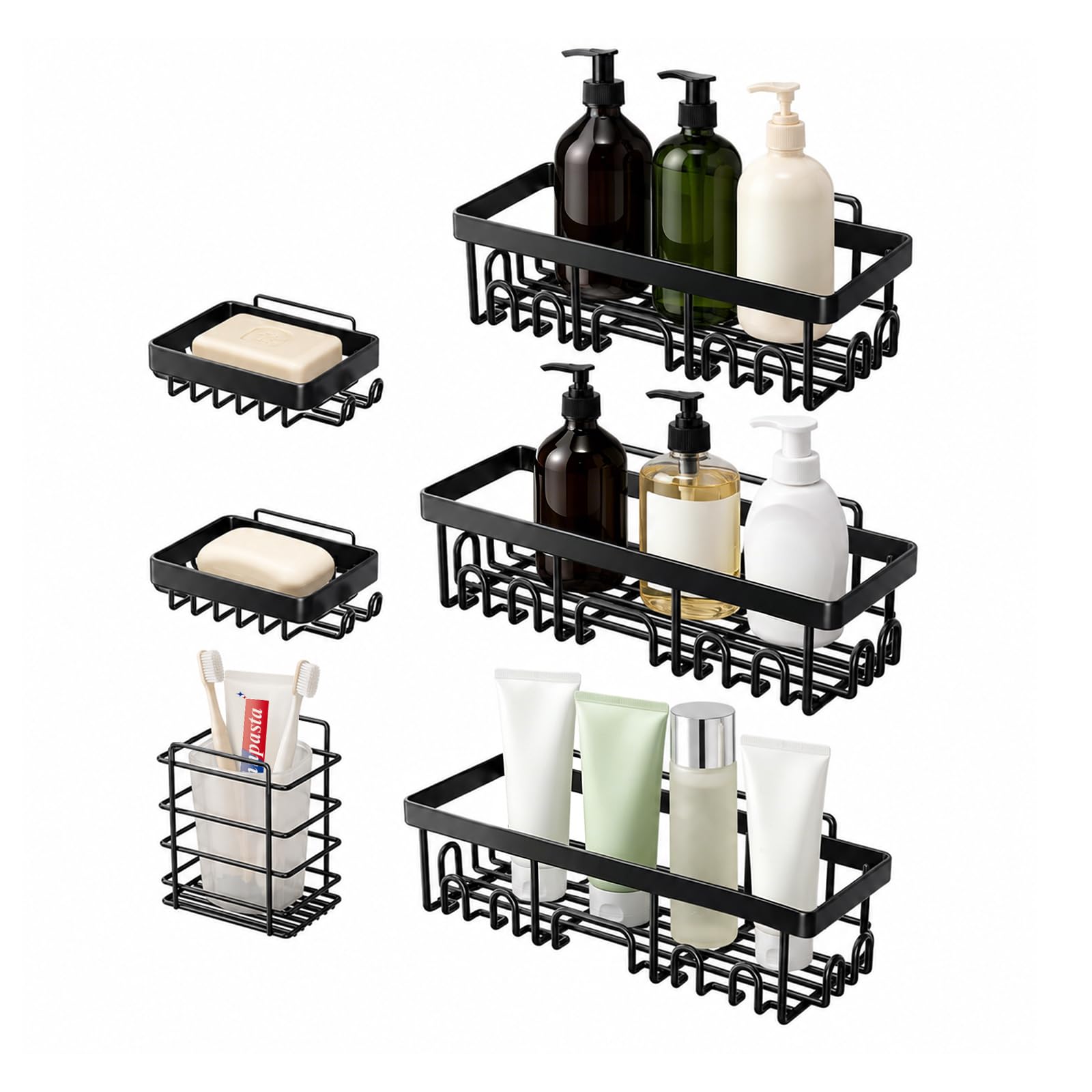 Kebmchn Black No Drilling Shower Shelf, 6 Pack, Strong Adhesive Bathroom Shelf Organizer With Toothpaste Holder And Soap Holder, Shower Basket & Shampoo Shelf For Bathroom,