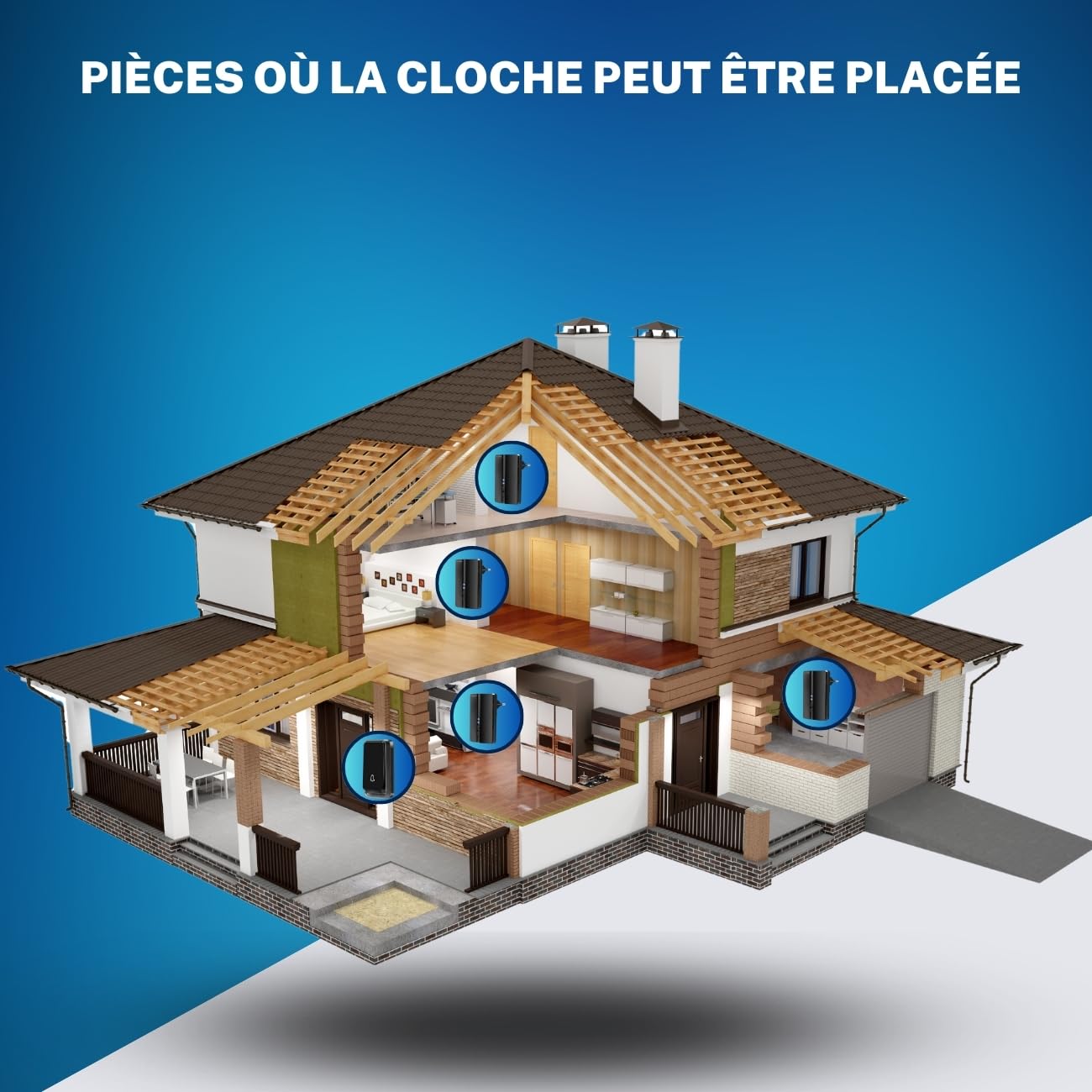 Sonnette sans Fil sans Pile Extérieur IP65, 4 Récepteurs