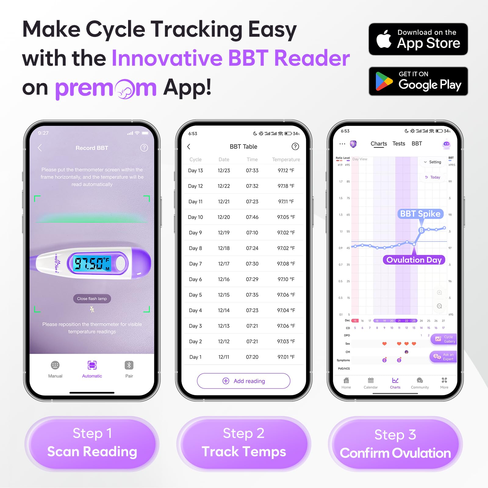 Easy@Home Digital Basal Thermometer with Large Backlight LCD Display, 1/100th Degree High Precision and Memory Recall, NOT Bluetooth Enabled,Upgraded EBT-100B-P (Purple)