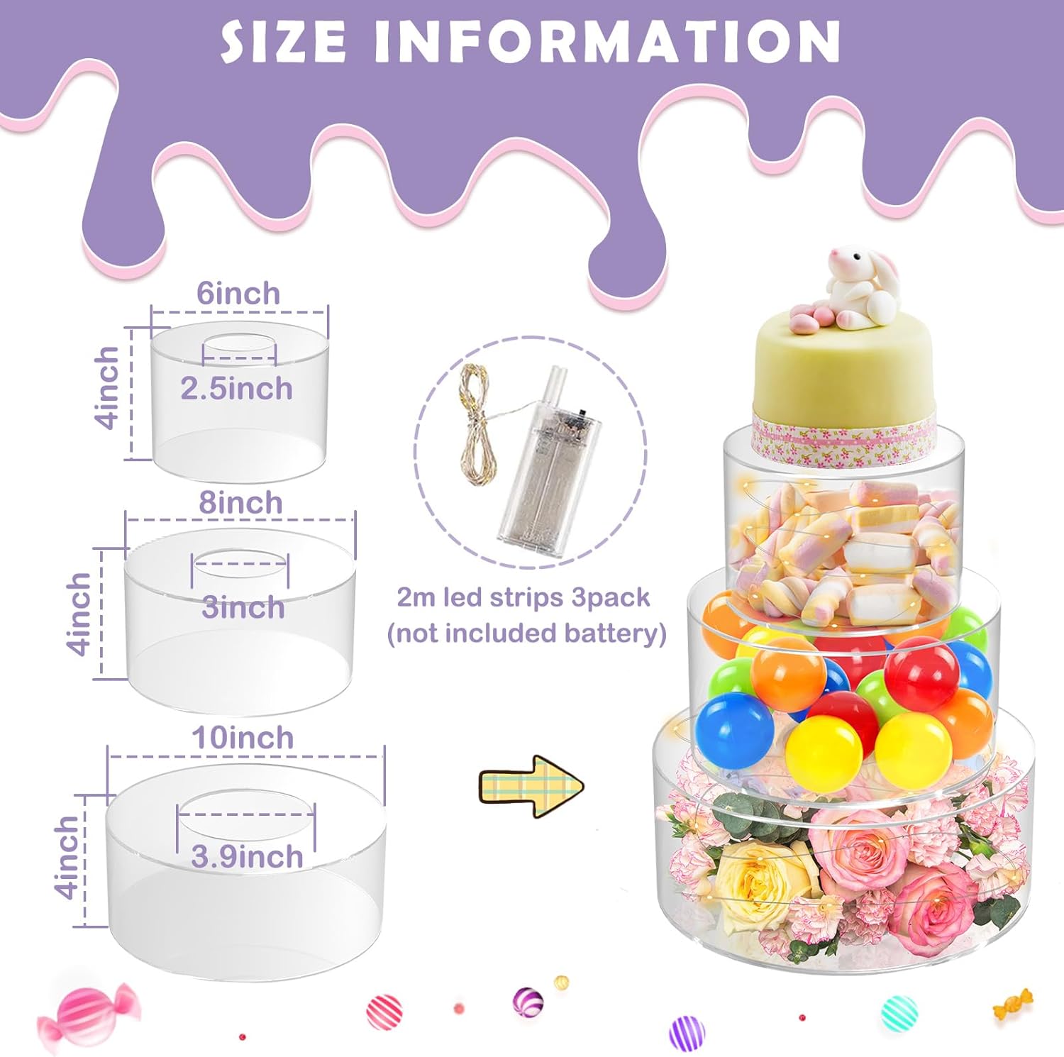 3 Pcs Acrylic Cake Stand (6", 8", 10") with Acrylic Blocks 3 X 3 X 1 Inch 4 Pcs