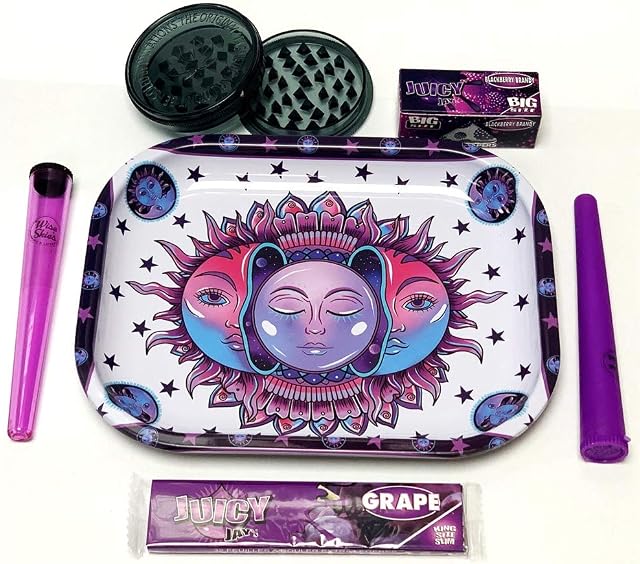 Wise Skies Hippy Purple Design Rolling Tray Set Rolling Papers Moon Sun Rolling Tray Set