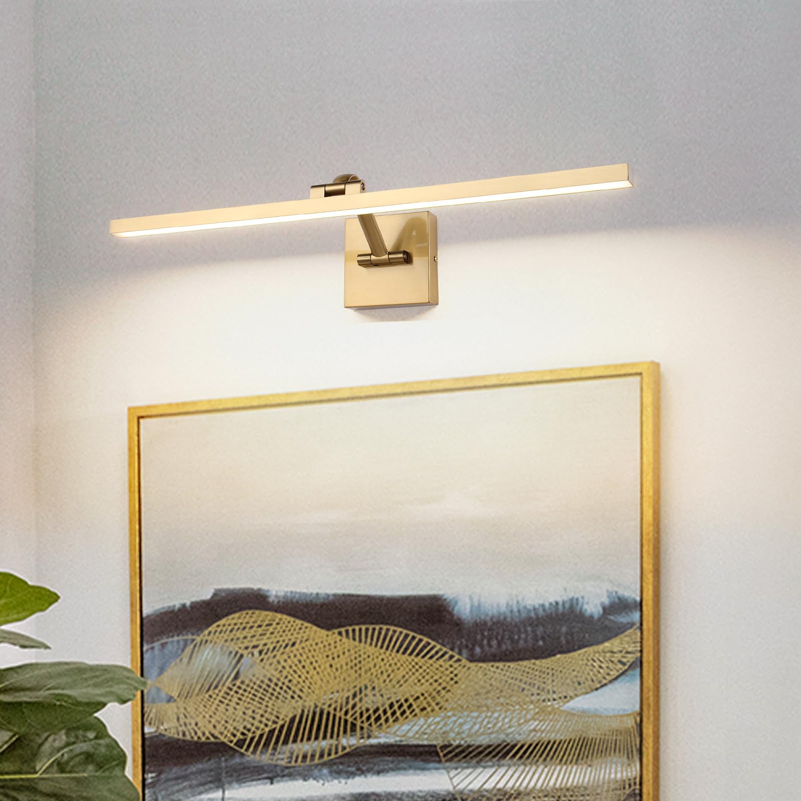 Hard-Wired Picture Lights 23.62 Inch Dimmable LED Wall Art Lighting 14W,2700K, Warm WhiteModern Brass Gallery Light Poster Lights Adjustable Swing Arm Picture Frame Light for Display Art Work