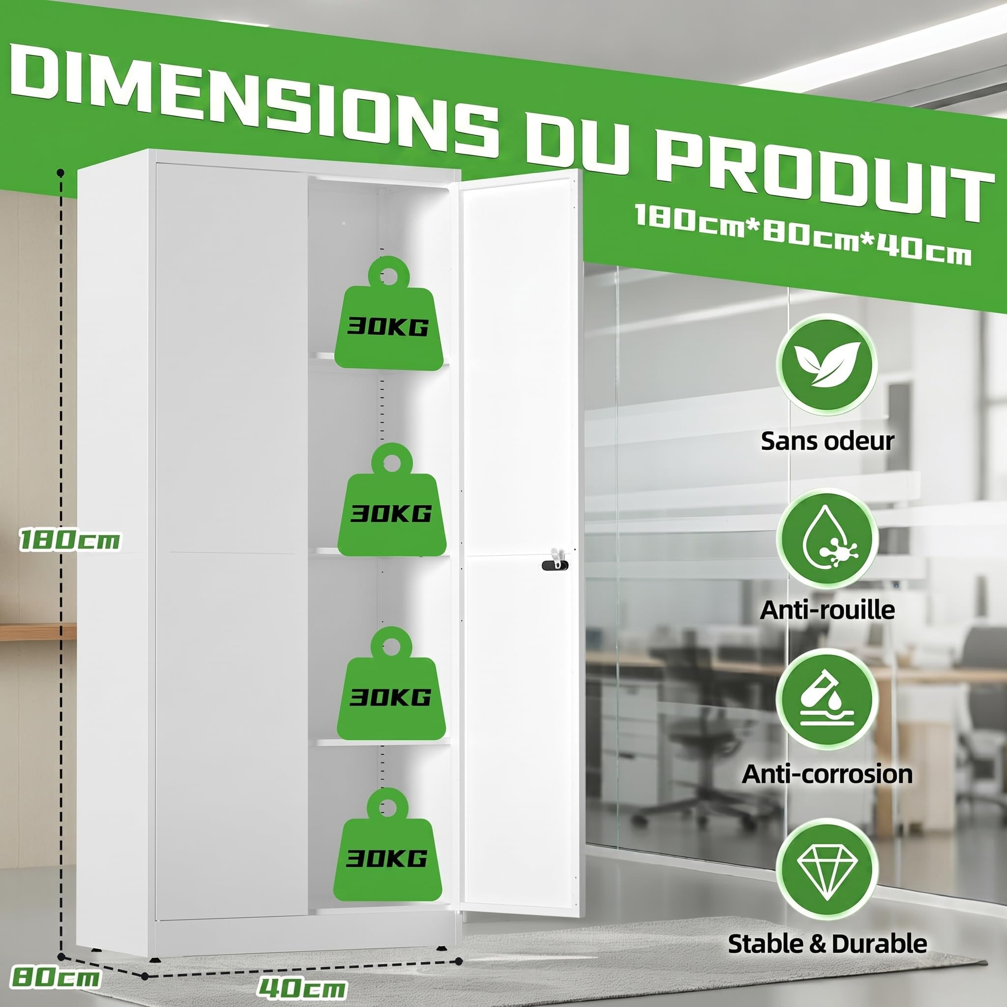 Armoire Bureau en Métal, Armoire Garage avec 2 Portes et Étagères Réglables, Cabinet de Rangement Verrouillable pour Bureau, Maison et Atelier, 180 x 80 x 40 cm, Blanc