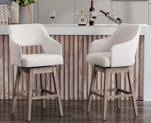 Vista 31 de Kmax Taburete de bar de tela con altura de mostrador, taburete giratorio de bar con patas de madera, reposapiés trasero abierto para isla de cocina