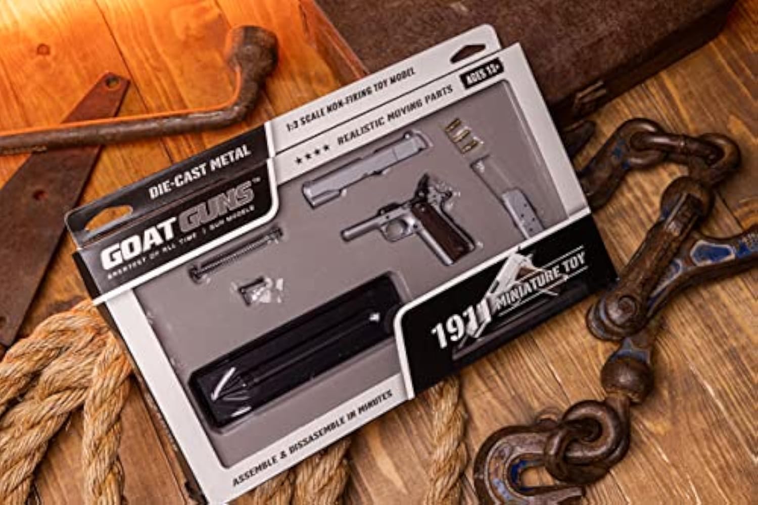 GoatGuns Silver Miniature 1911 Model | 1:2.5 Scale Die Cast Metal Build Kit