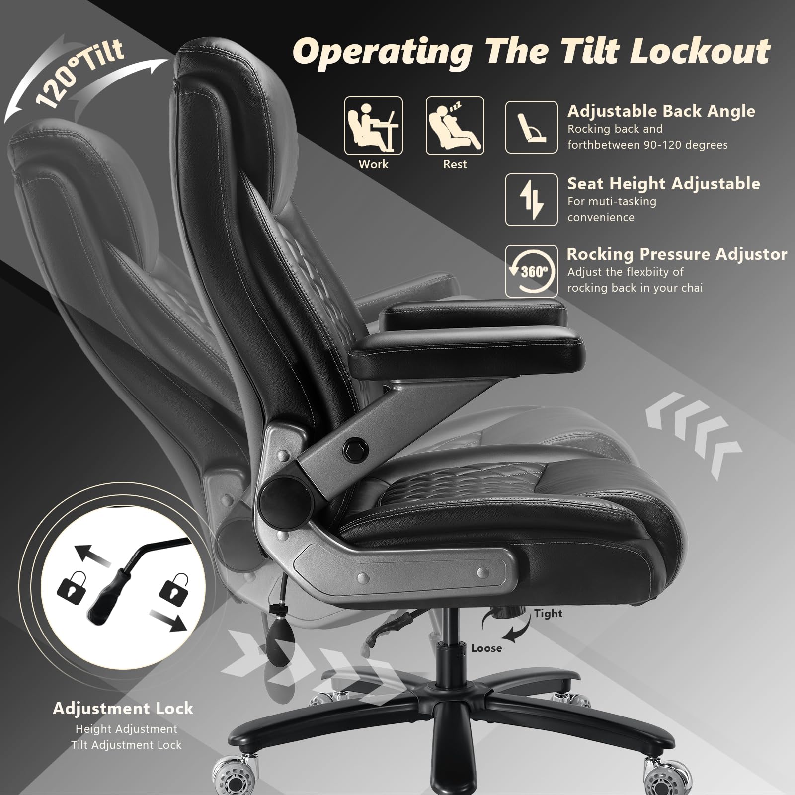 600LBS Large Heavy Duty Office Chair with 5D Flip Arms Comfy Big and Tall Executive Office Desk Chair — view 8