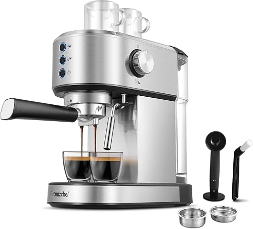 AMZCHEF Máquina de café espresso profesional de 20 bares, cafetera de café espresso de acero inoxidable con filtros de pared dobles y controles