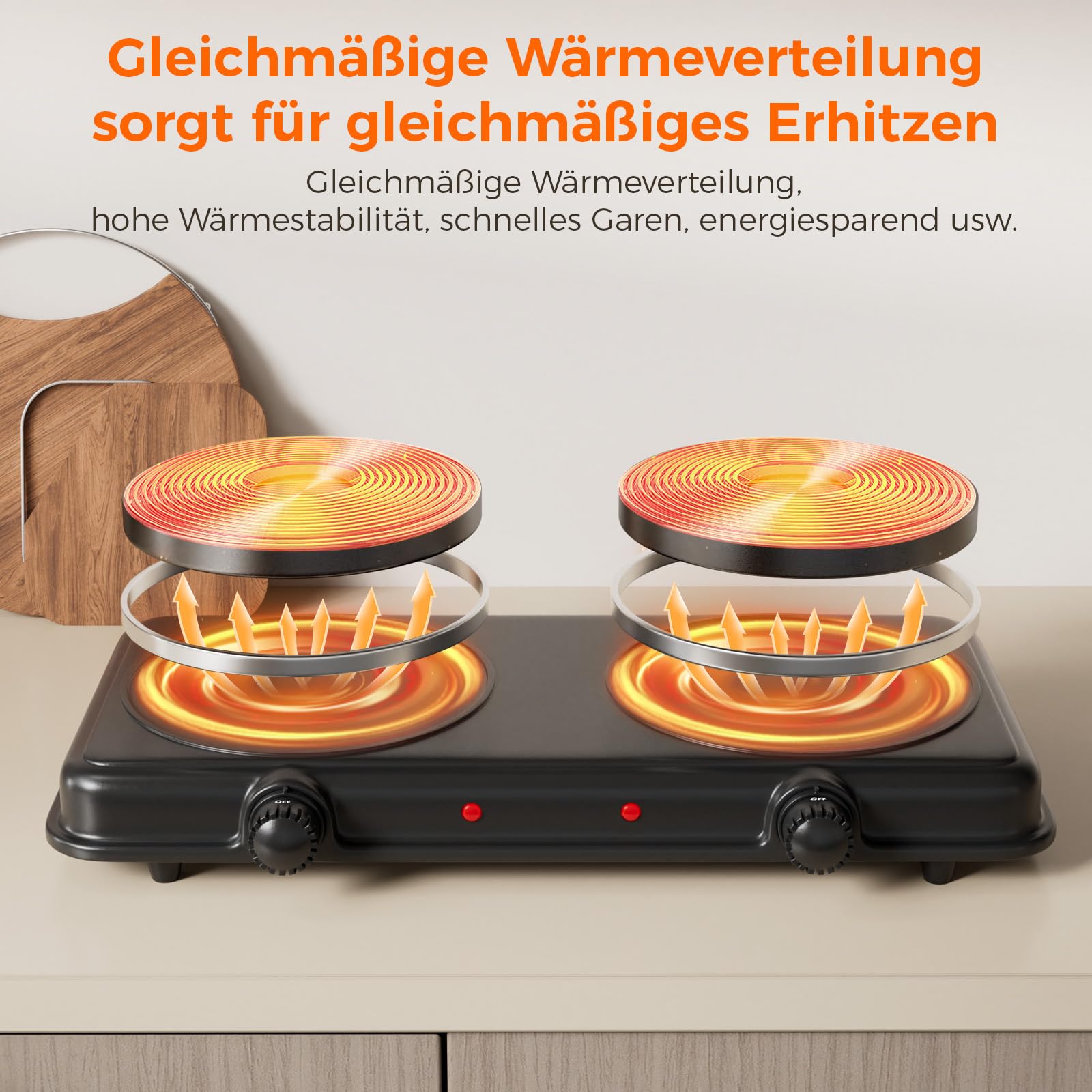 Doppel Kochplatte für Küche, 2000W elektrische Kochplatte mit 2 Kochfeldern, Temperaturregelung, tragbarer Kocher und leicht zu reinigender Edelstahlfuß (Schwarz M)