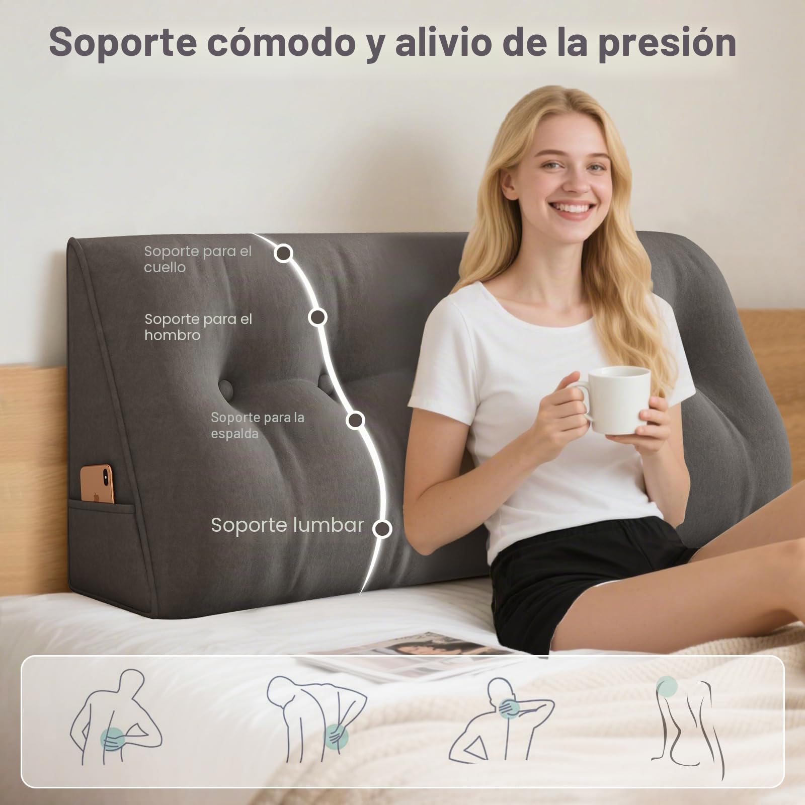 ShowyLive Cojín de Respaldo, Cojín de Lectura Triangular Simple para Cama o Sofá, Almohada de Lectura, Respaldo de Cama con Bolsillo Lateral, Funda Extraíble y Lavable (100 x 50 x 20 cm, Gris Oscuro)