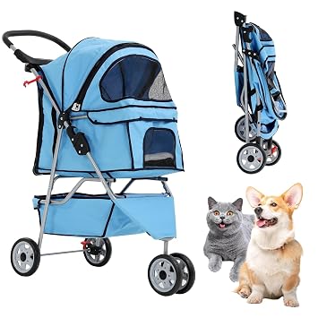 Pet Stroller for Small Dogs & Cats Doggy Puppy Cat Strollers 30 lbs Animal Jogger Folding with 360 Rotating Front Wheel Travel Carriages Cart, 34L* 17.5W*39H inches, Blue