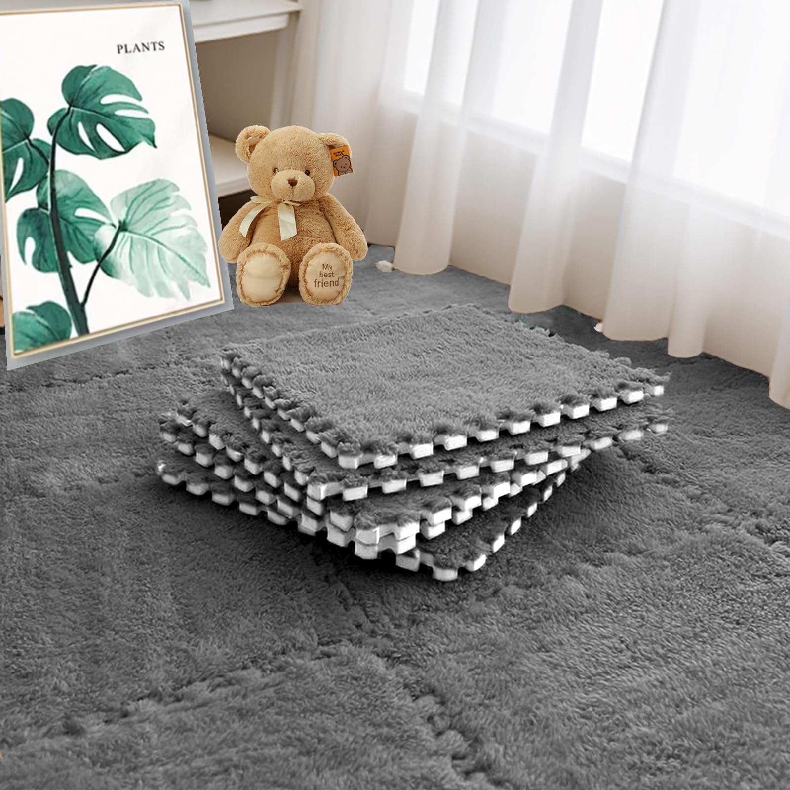 Jaderlu 15pcs 11.8" Modular Interlocking Thick Carpet Shaggy Soft EVA Foam Mats Fluffy Area Rugs Bedroom Protective Floor Tiles Exercise Children Room Play Ground Mats (Grey)