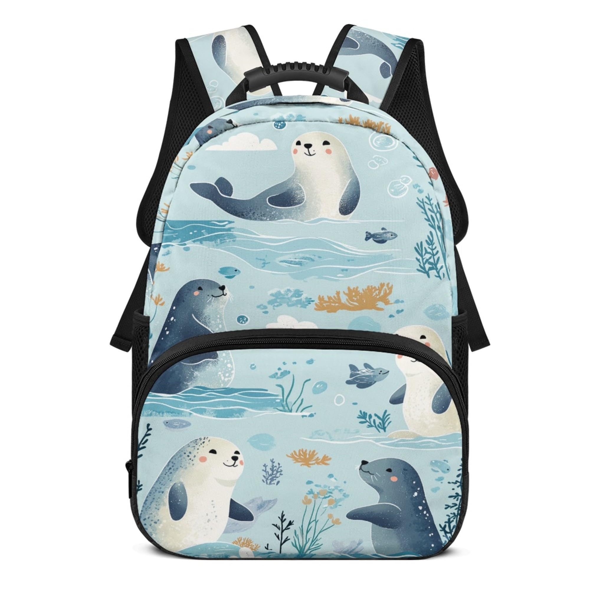 Bloomprint Lightweight School Bags for Girls Cute Fish Seal Backpack 6-12 Years Old Large Capacity 17 Inch Comfy Padded Back School Backpack Blue