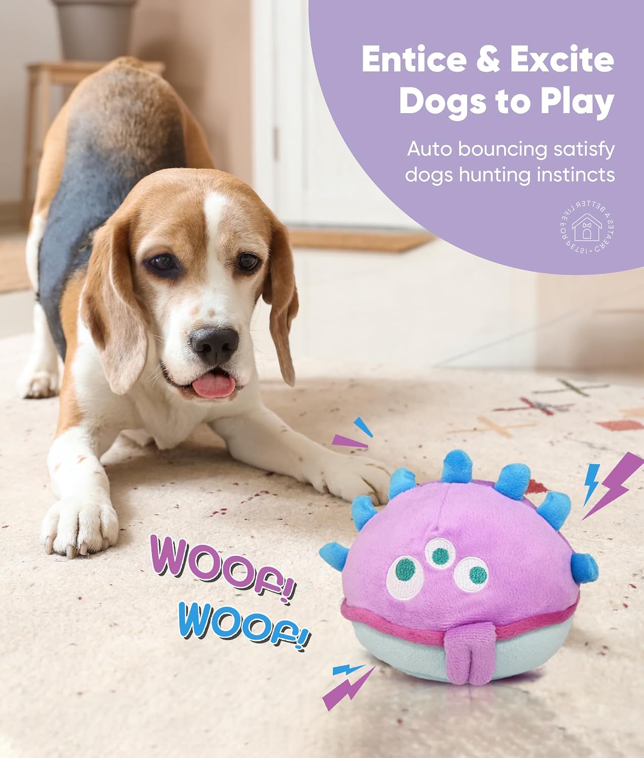 Petbobi Interactive Dog Toys for Small Medium Breeds Moving Barking Ball | Bobby motor action, Auto rolling design, Boredom buster, Stimulating play, Plush monster, Washable cover, USB rechargeable