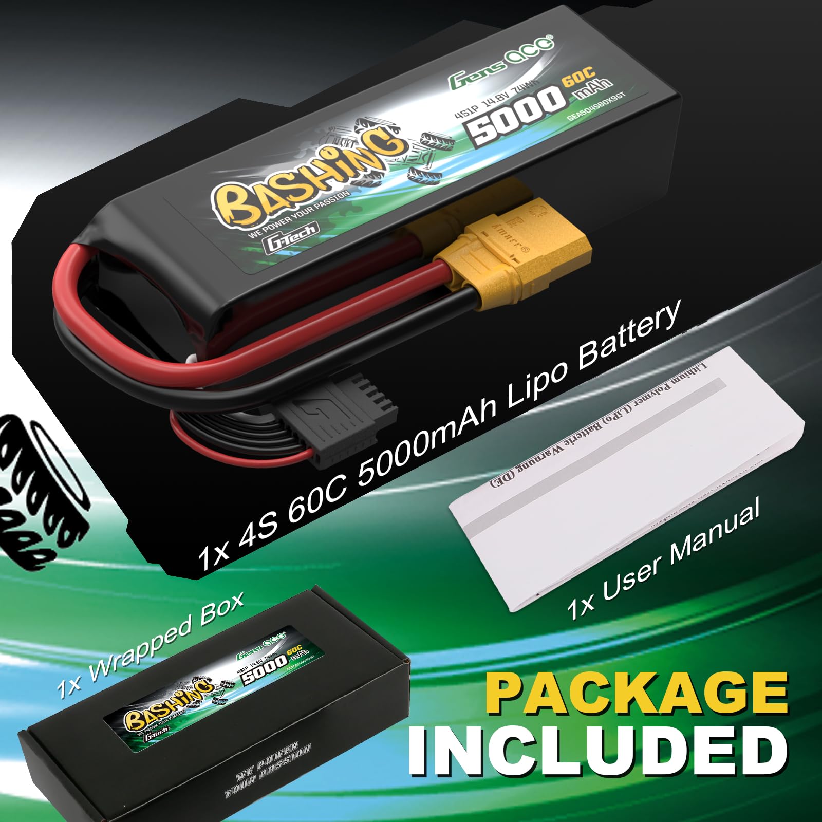 Gens Ace 4S 14,8V 5000mAh 60C LiPo Akku G-Tech mit XT90 Stecker, Bashing Serie für 1:8 & 1:10 RC Autos, Monster Trucks und Offroad-Modelle