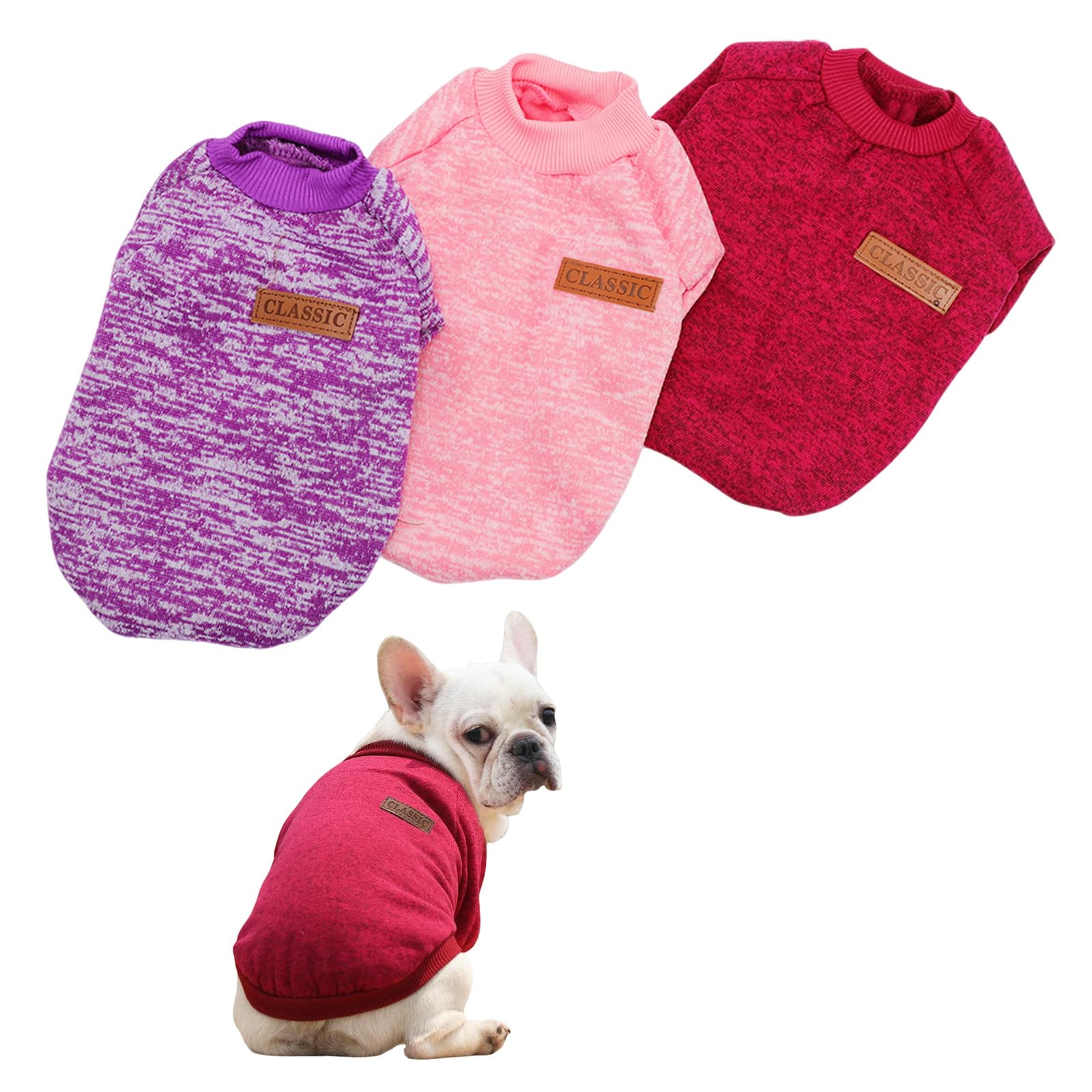 Mayoii Dog Fleece Hoodie Sweatshirt 3 Pack Chihuahua Jumper with Fleece Lining Soft Cozy Vibrant Colors Easy On/Off Design for Small & Medium Dogs (Wine Red + Pink + Purple, L)
