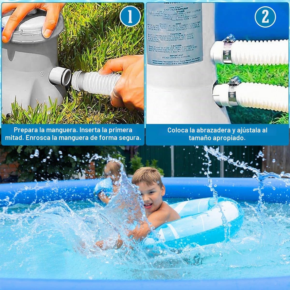 2 Piezas Manguera Piscina 32mm, 150cm Tubo Piscina con 4 x Clips de Seguridad y 1 x Conector de Manguera, Manguera para Bomba de Piscina para Piscinas Elevadas, Bomba de Filtro, Spa