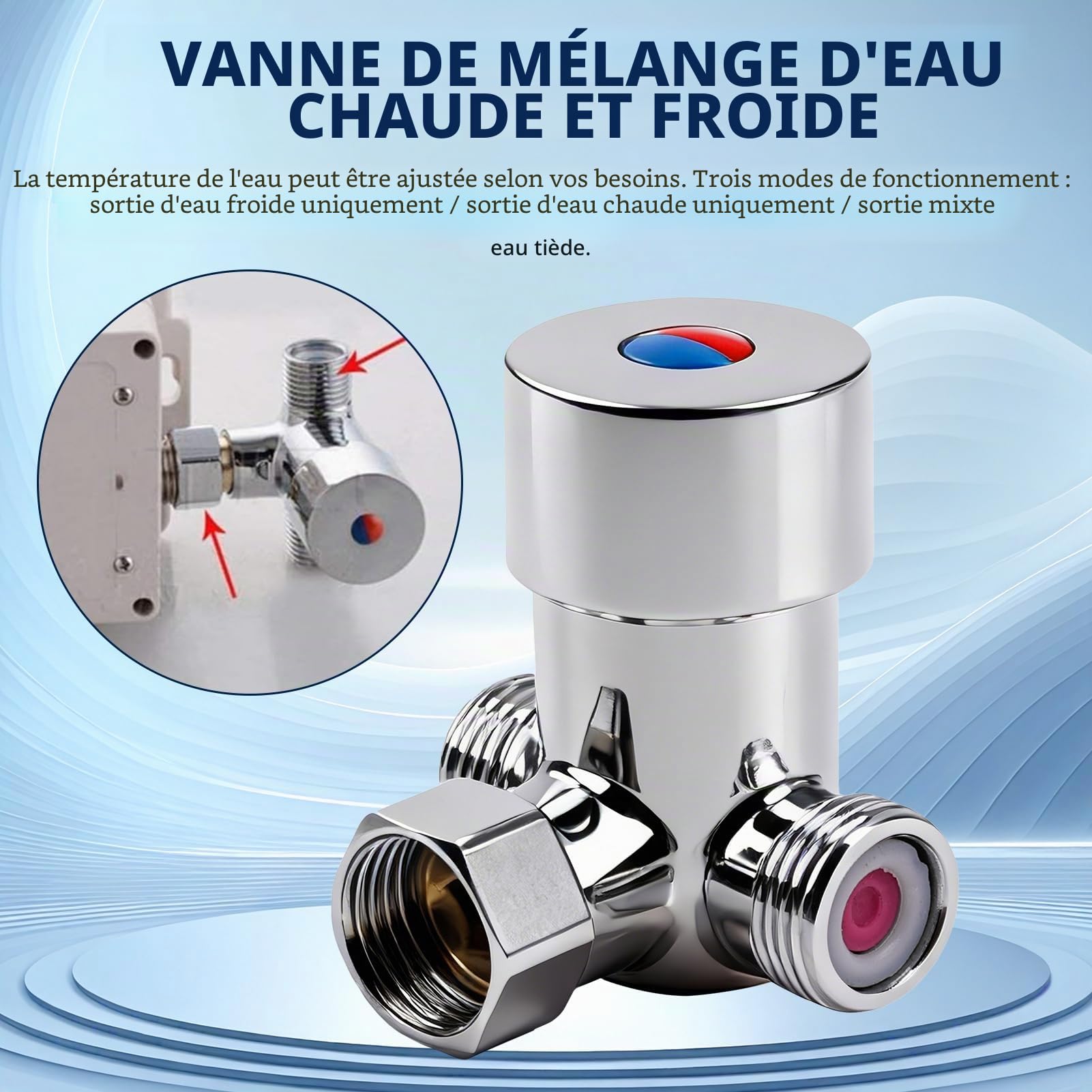 Jadeshay Vanne Mélangeur, Mitigeur Thermostatique 3 Voies Vanne Mélangeur Eau Chaude Froide Robinet Mitigeur Thermostatique, pour Lavabo Cuisine Salle de bain Toilette