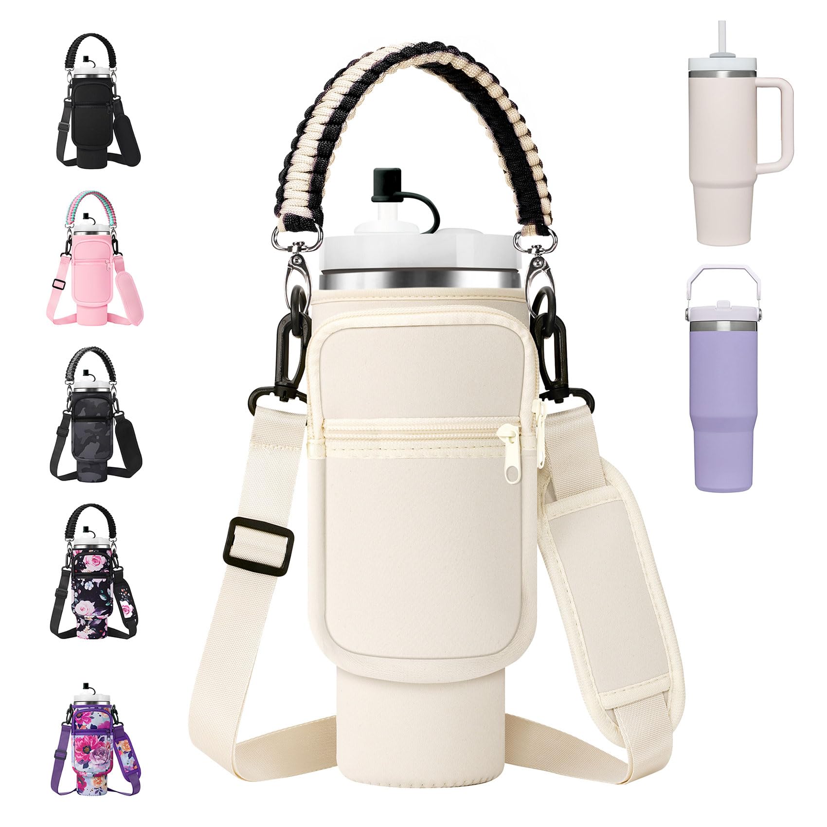 AceTreker Water Bottle Carrier Bag with Paracord Handle for Stanley 40/30 oz Tumbler Neoprene Insulated Mug Sleeve Pouch with 2 Pockets & Adjustable