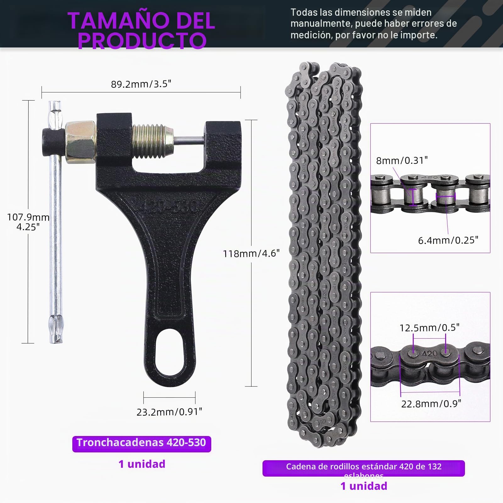 Sweet 2 cadenas 59" y 420 para motocicleta, 132 enlaces y trituradoras, juego de surtido de cadena de transmisión de acero al carbono, apto para motos 110 cc 125 cc Dirt Pit