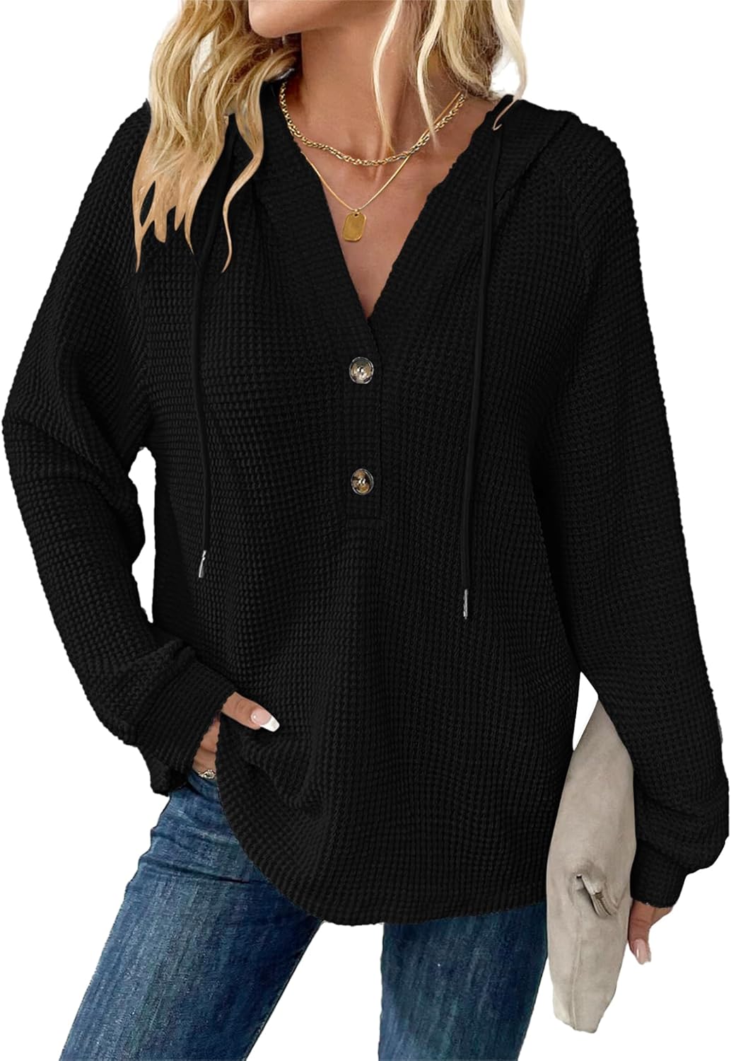 WNEEDU Womens Long Sleeve Tops Waffle Knit Hoodies Drawstring Button V Neck Casual Sweatshirt 2025 New Pullover