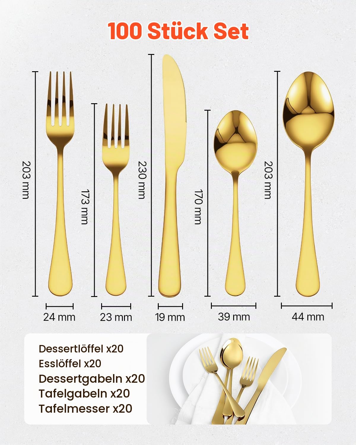 VEVOR 100-tlg. Besteckset in Gold, Essbesteck aus lebensmittelechtem Edelstahl für 20 Personen, mit Hochglanzoberfläche, spülmaschinenfestes Essgeschirr, inklusive Messer Gabel Löffel