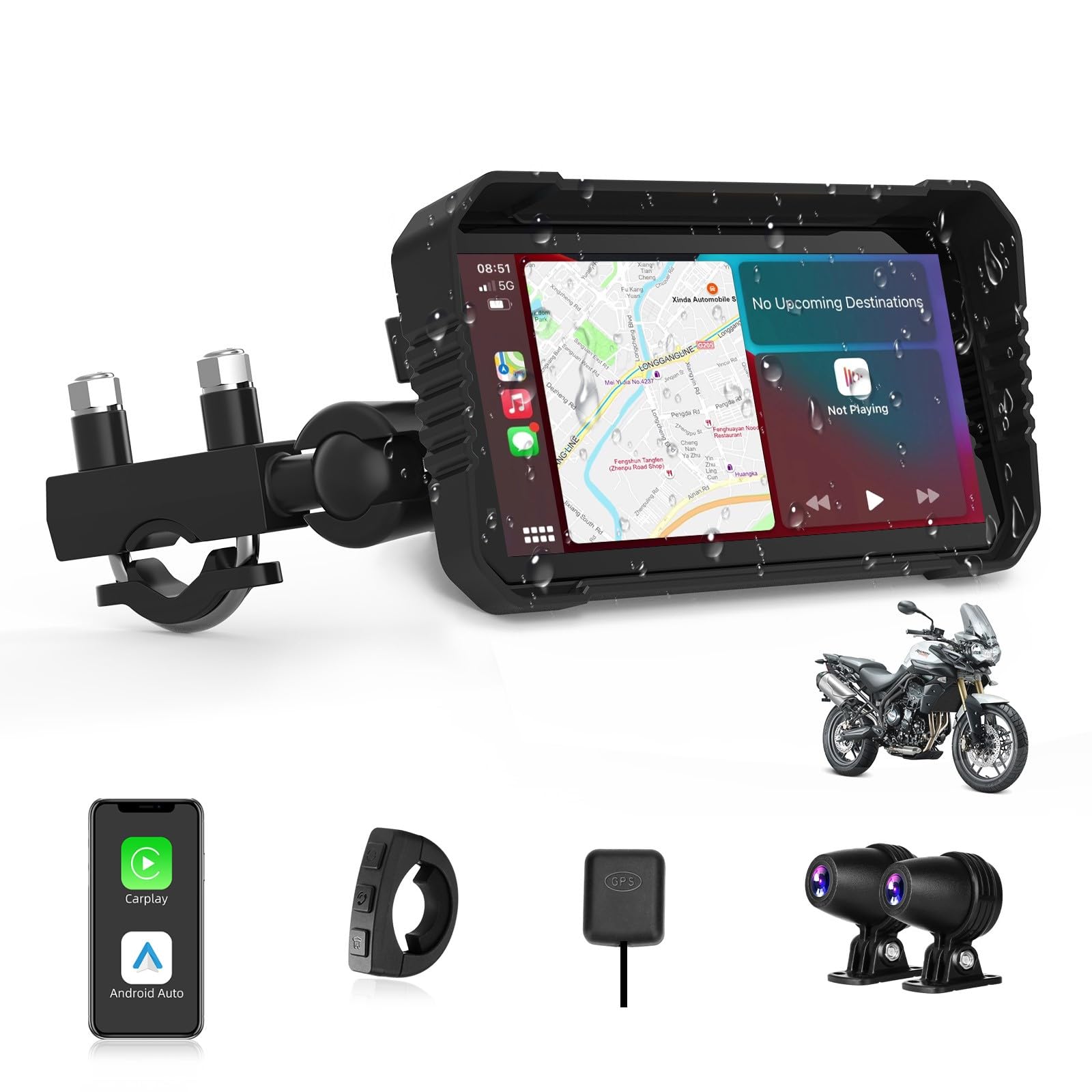 Motorcycle Carplay Android Auto 4K Dashcam 6.25" Double Camera Bluetooth IP67 GPS Navigation 64GB