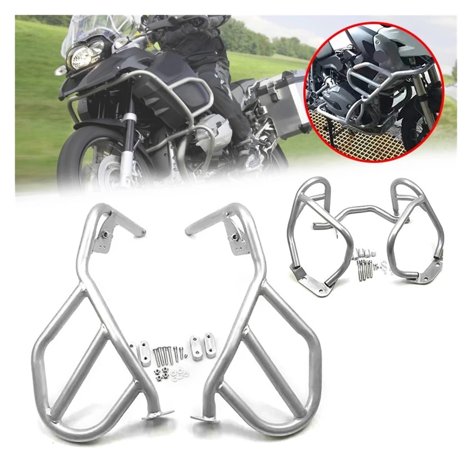 Paramotore Paraurti Per BMW R 1200 GS Per R1200GS 2008-2012 Protezione Motore Superiore Inferiore Moto Barra Paraurti Gabbia Anti Acrobazie(Silver-Upper Only)