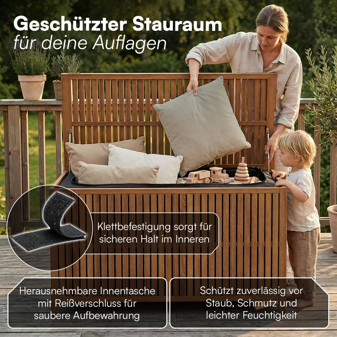 STEELSØN Alkes Aufbewahrungsbox aus geöltem Akazienholz – Auflagenbox mit hochwertiger Innenplane – Outdoor Kissenbox mit klappbarem Deckel – Sitztruhe sicherer Halt – Gartenbox wetterfest 114x52x59cm